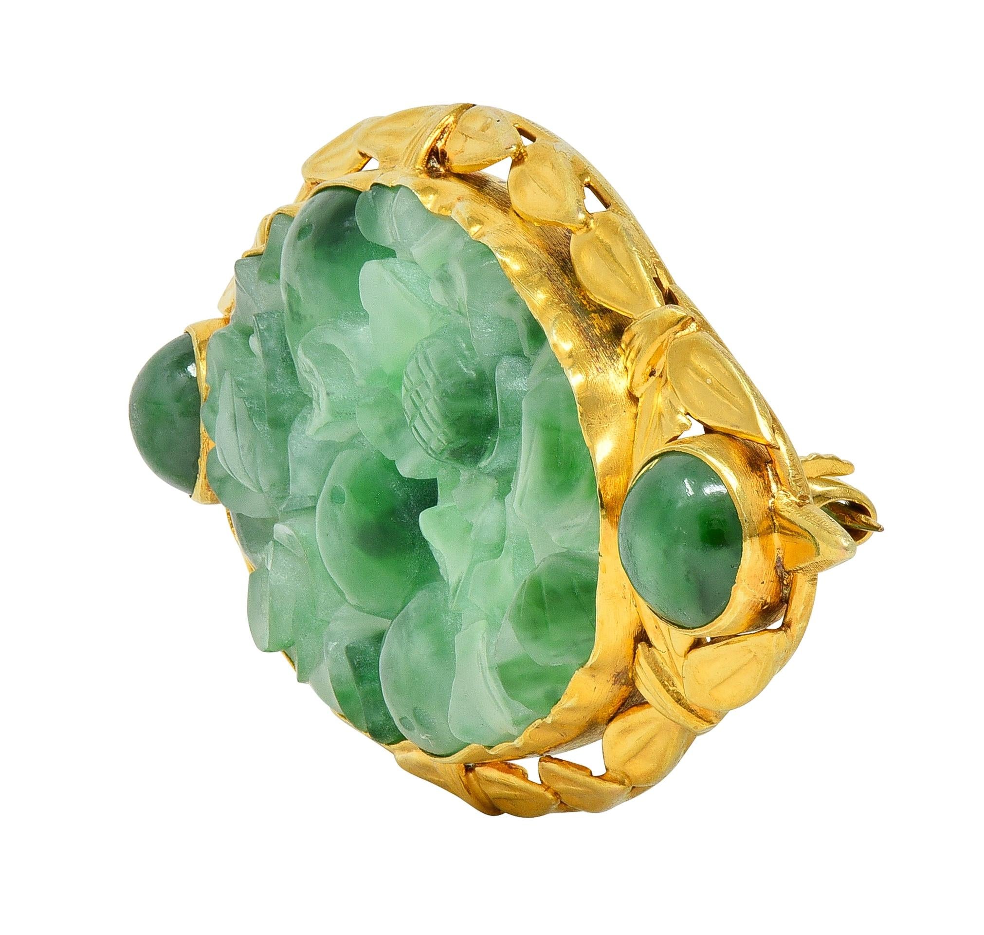 Early Art Deco Carved Jade 14 Karat Yellow Gold Antique Wheat Brooch