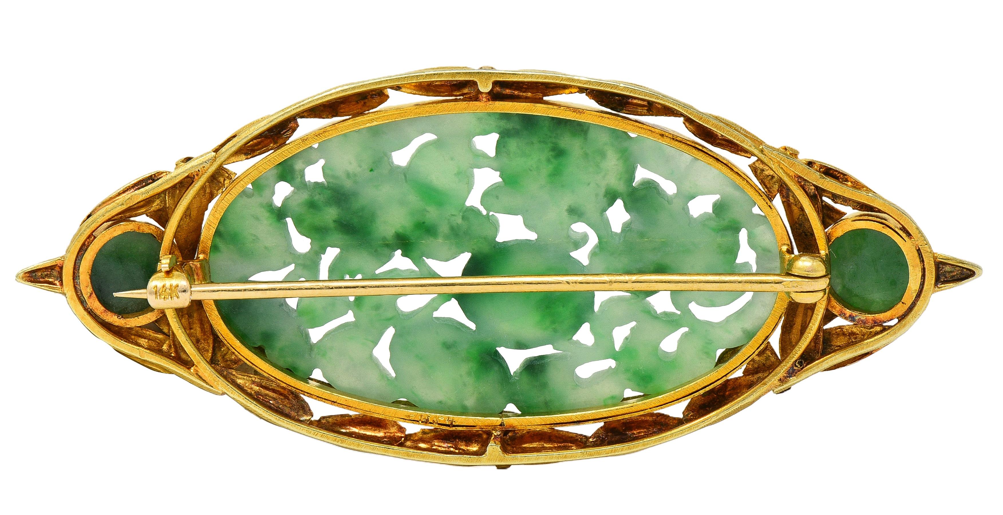 Early Art Deco Carved Jade 14 Karat Yellow Gold Antique Wheat Brooch