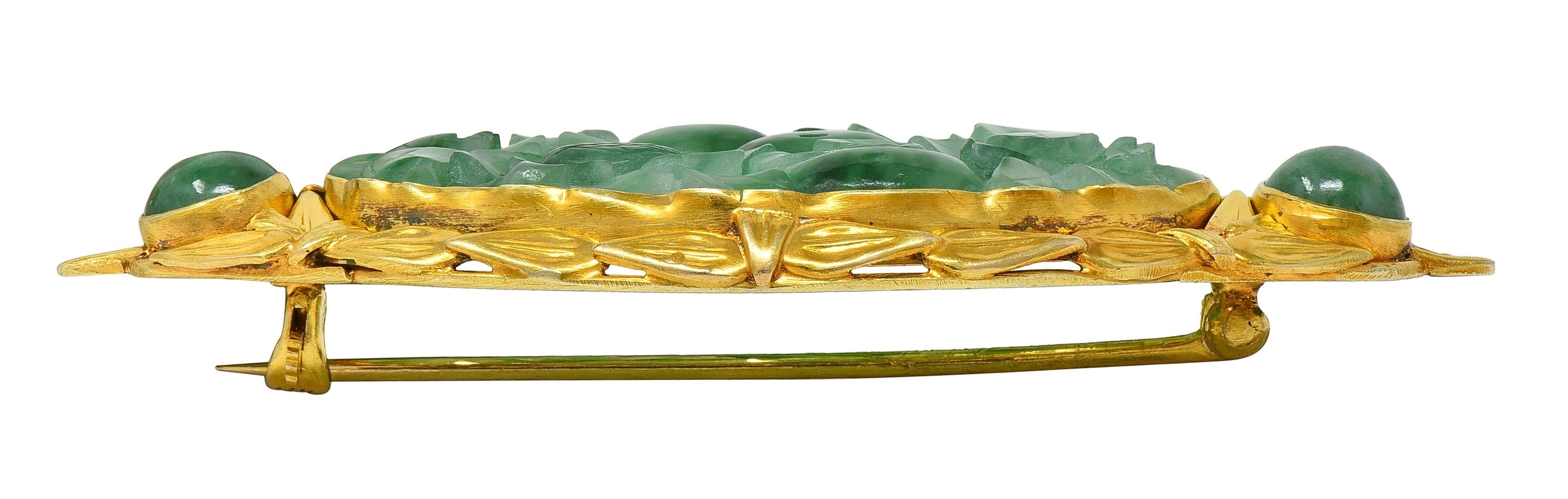 Early Art Deco Carved Jade 14 Karat Yellow Gold Antique Wheat Brooch