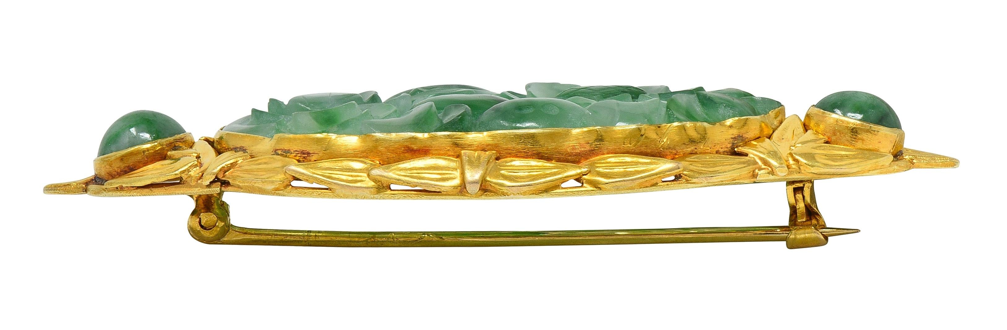 Early Art Deco Carved Jade 14 Karat Yellow Gold Antique Wheat Brooch