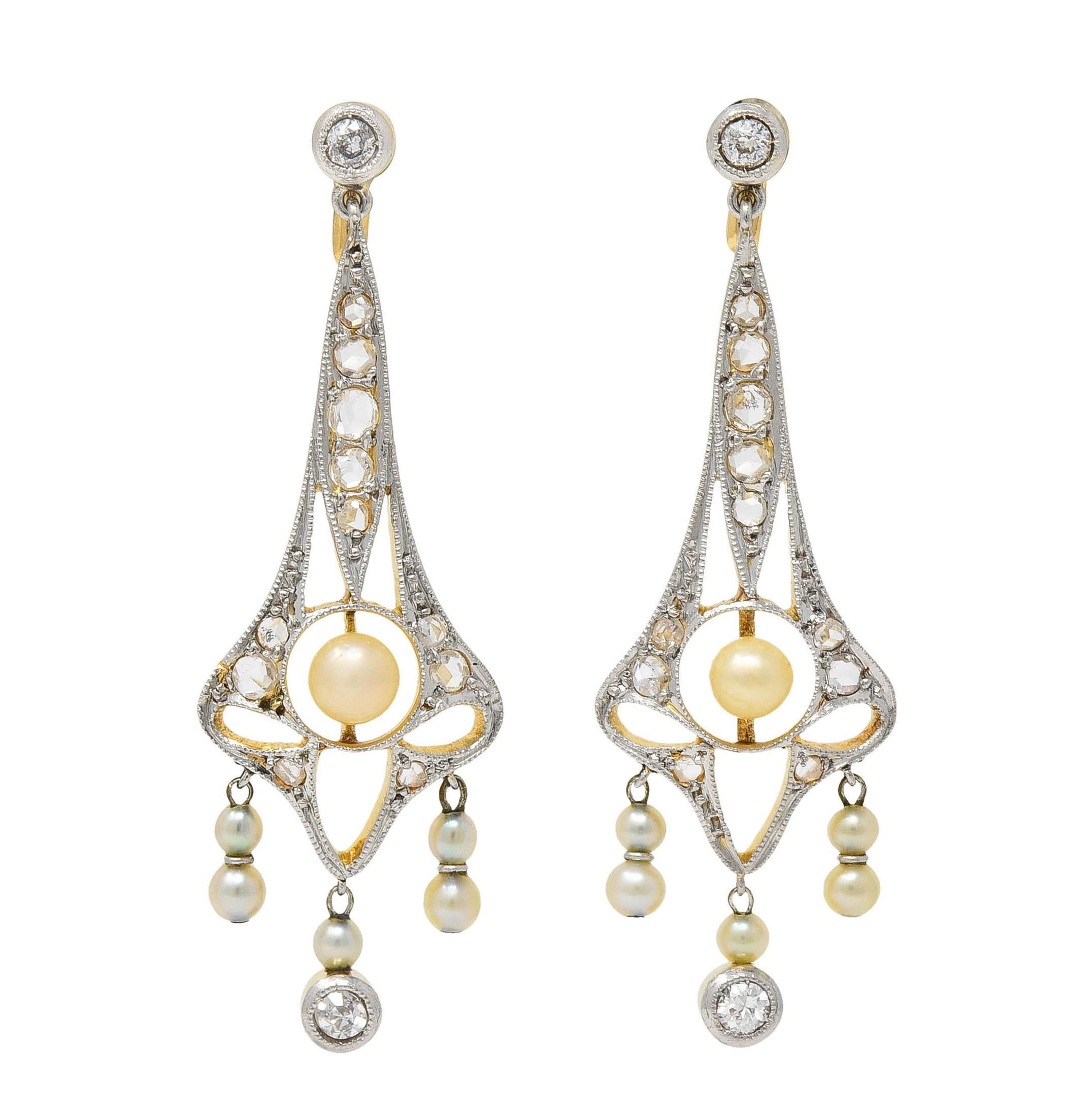 Edwardian 0.36 CTW Diamond Pearl Platinum-Topped 18K Gold Antique Drop Earrings