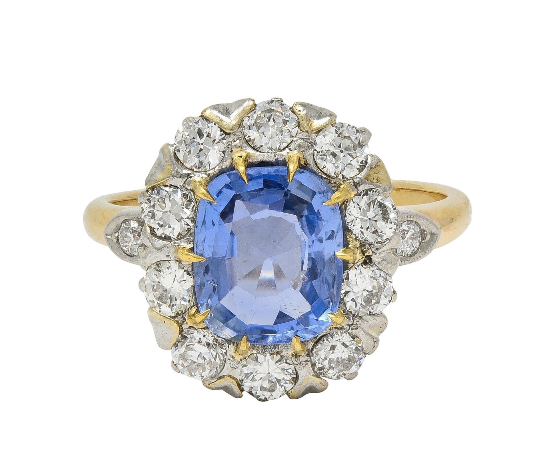 Edwardian No Heat Ceylon Sapphire Diamond Platinum 14K Antique Halo Ring GIA