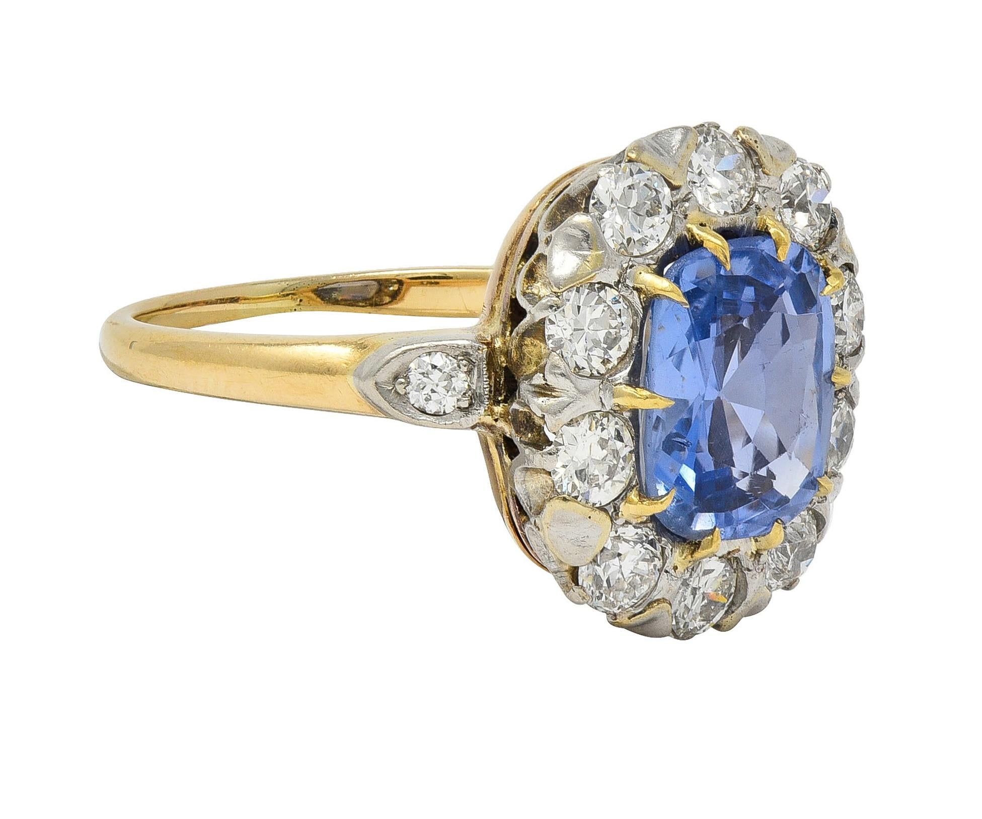 Edwardian No Heat Ceylon Sapphire Diamond Platinum 14K Antique Halo Ring GIA