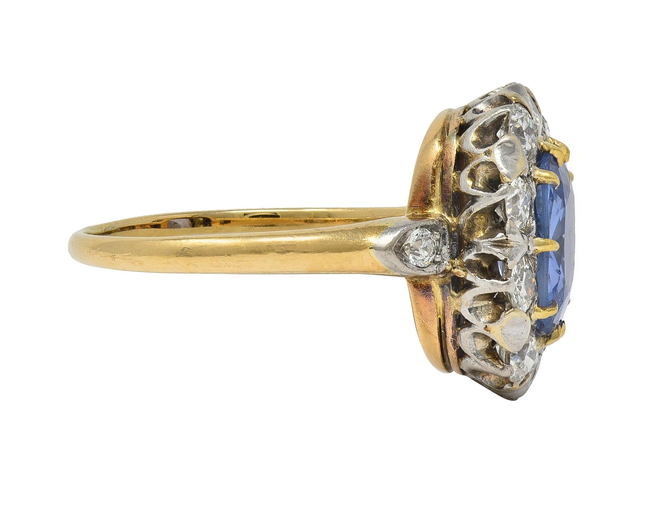Edwardian No Heat Ceylon Sapphire Diamond Platinum 14K Antique Halo Ring GIA