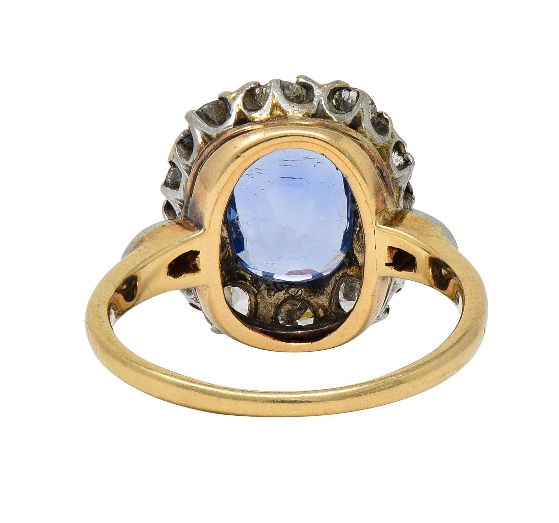 Edwardian No Heat Ceylon Sapphire Diamond Platinum 14K Antique Halo Ring GIA