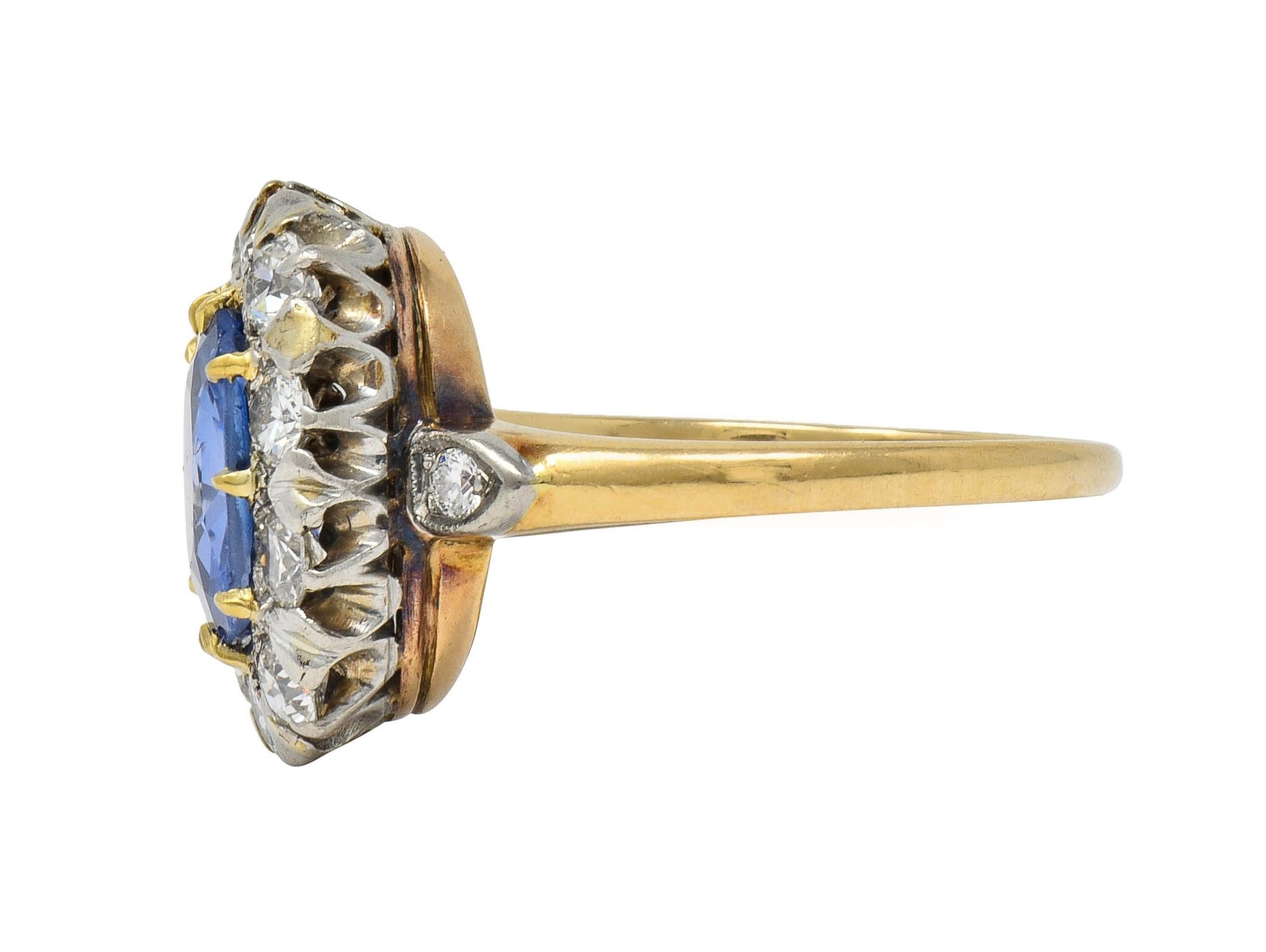 Edwardian No Heat Ceylon Sapphire Diamond Platinum 14K Antique Halo Ring GIA