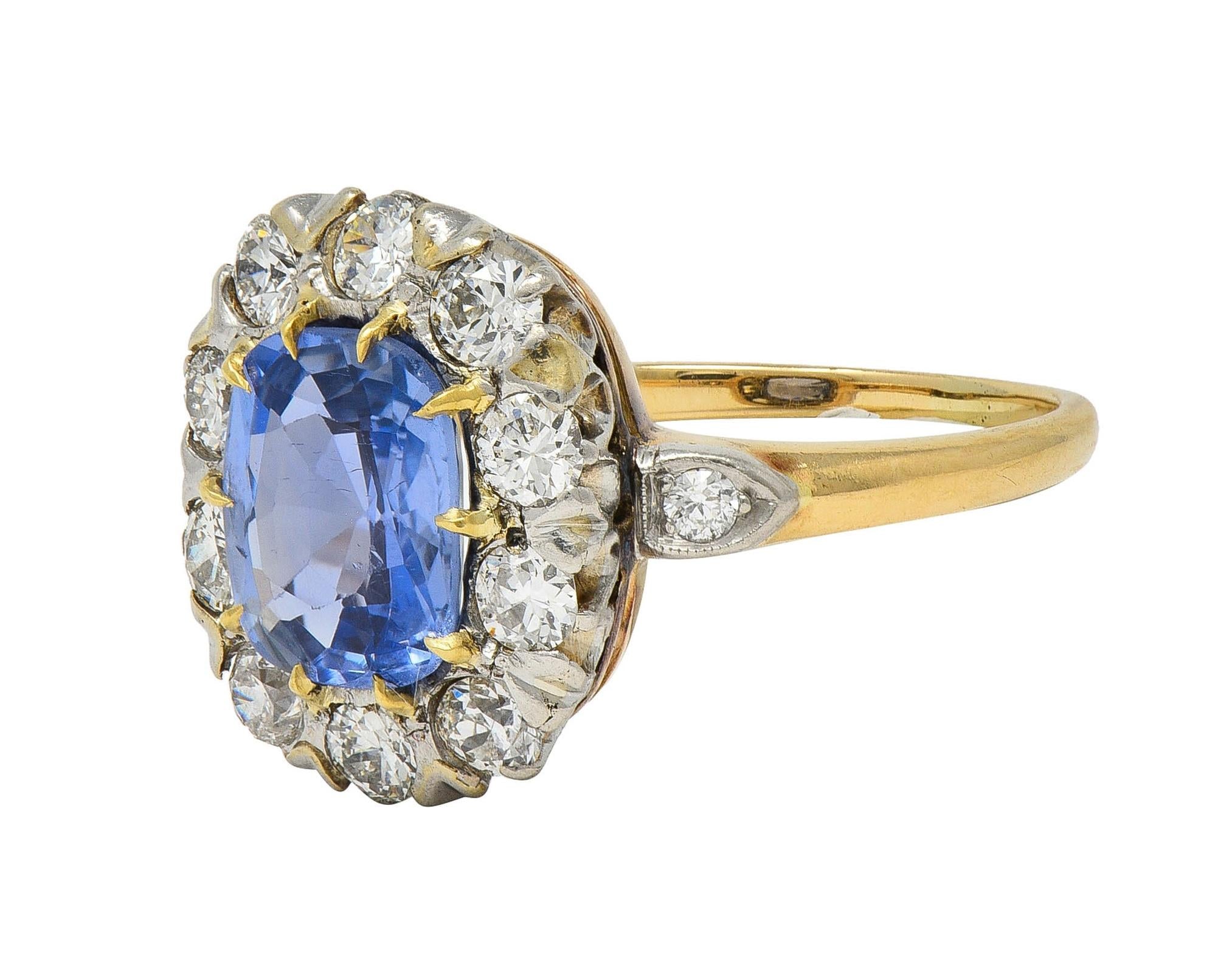 Edwardian No Heat Ceylon Sapphire Diamond Platinum 14K Antique Halo Ring GIA