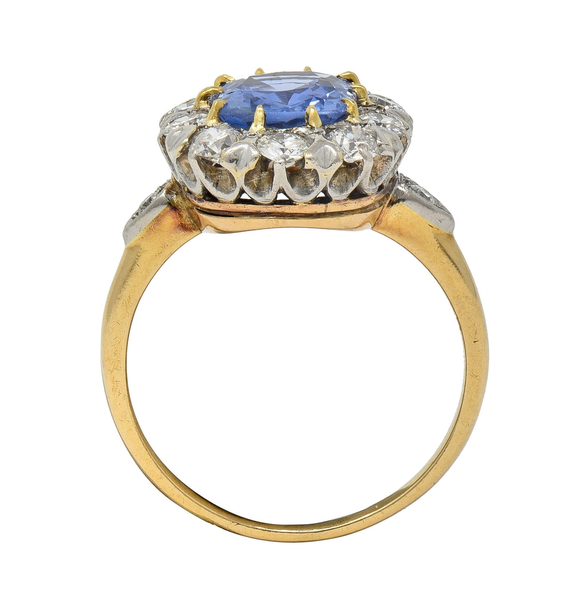 Edwardian No Heat Ceylon Sapphire Diamond Platinum 14K Antique Halo Ring GIA