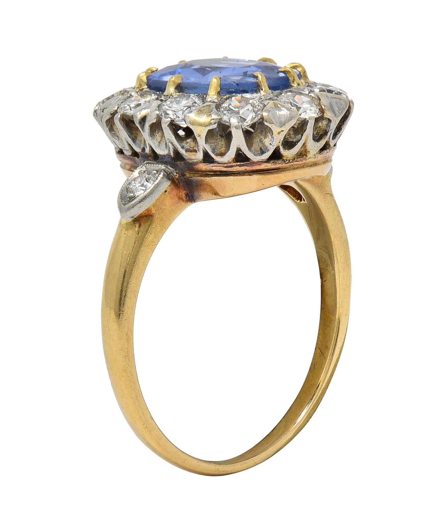Edwardian No Heat Ceylon Sapphire Diamond Platinum 14K Antique Halo Ring GIA