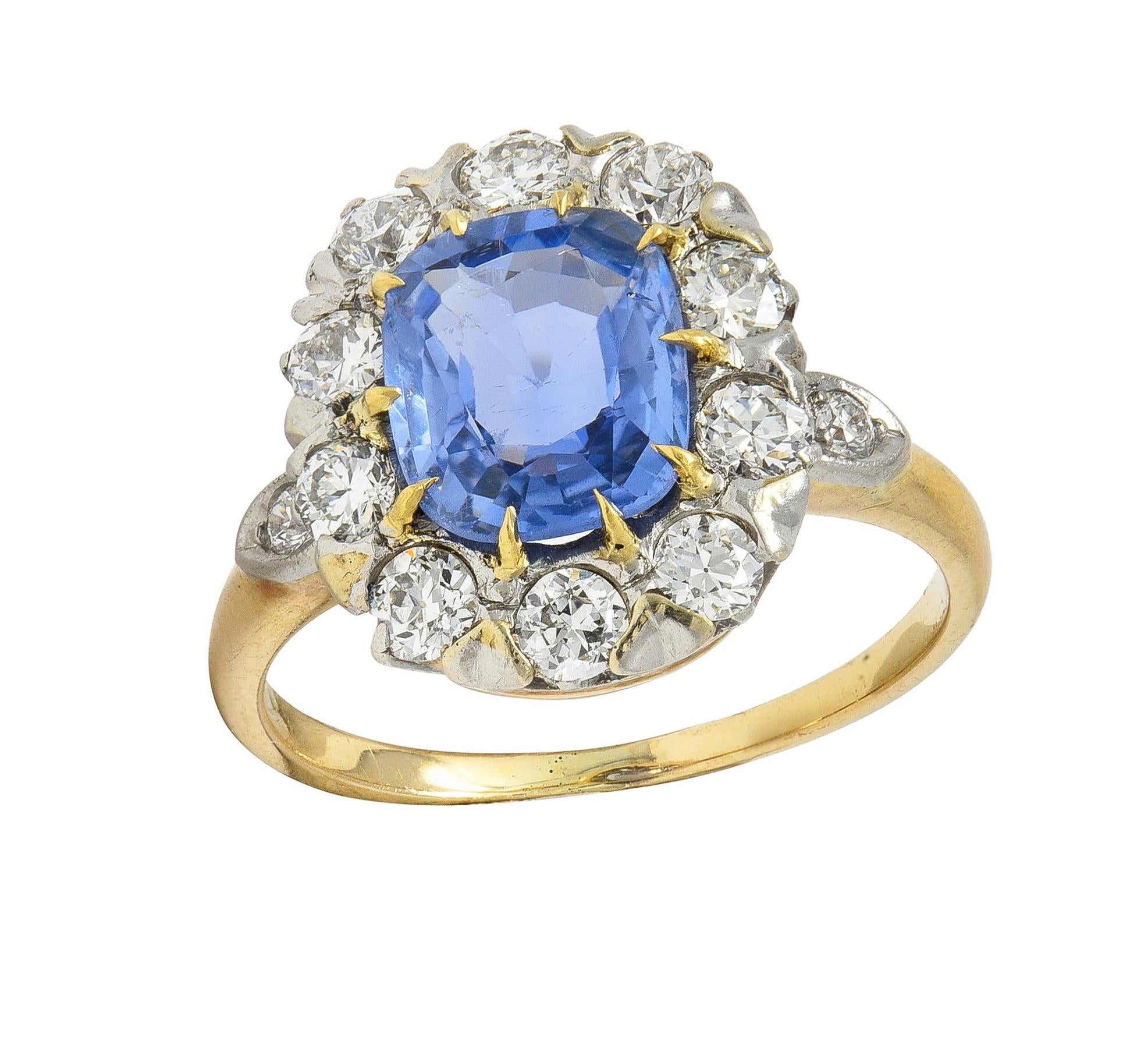 Edwardian No Heat Ceylon Sapphire Diamond Platinum 14K Antique Halo Ring GIA