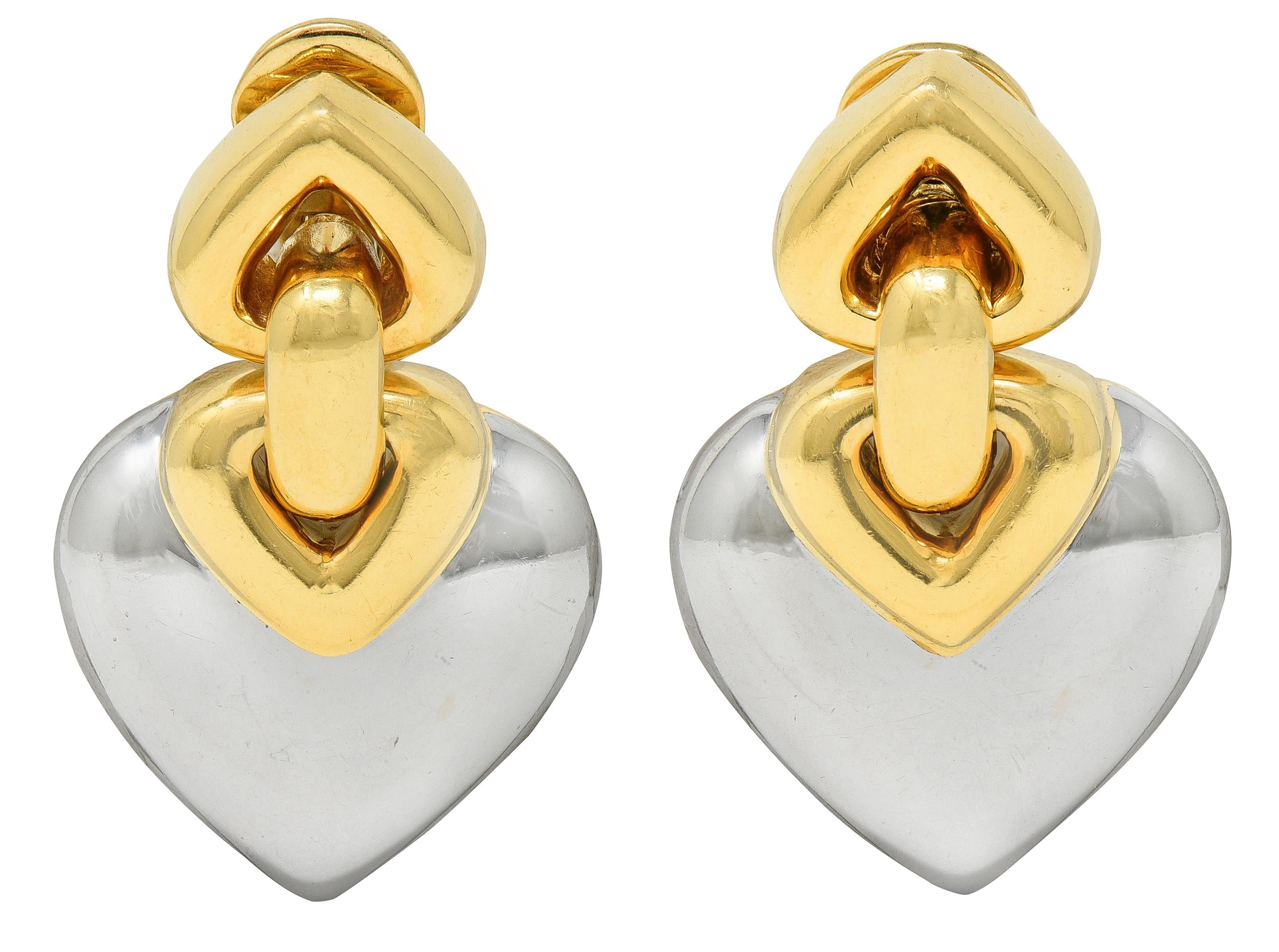 Bulgari 1990's 18K Gold Stainless Steel Vintage Doppio Cuore Heart Earrings
