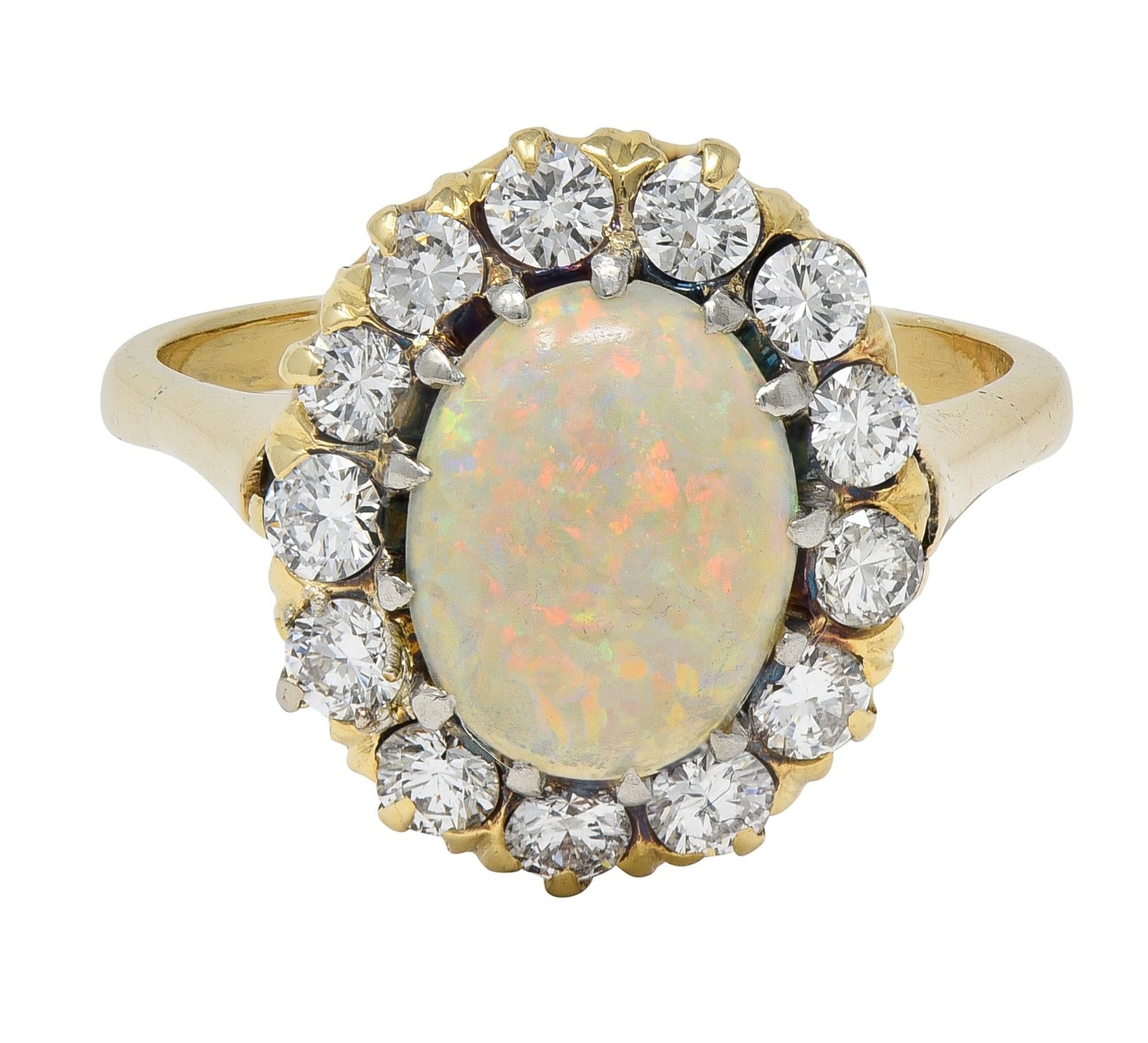 Edwardian Opal Diamond Platinum 14 Karat Yellow Gold Antique Halo Ring