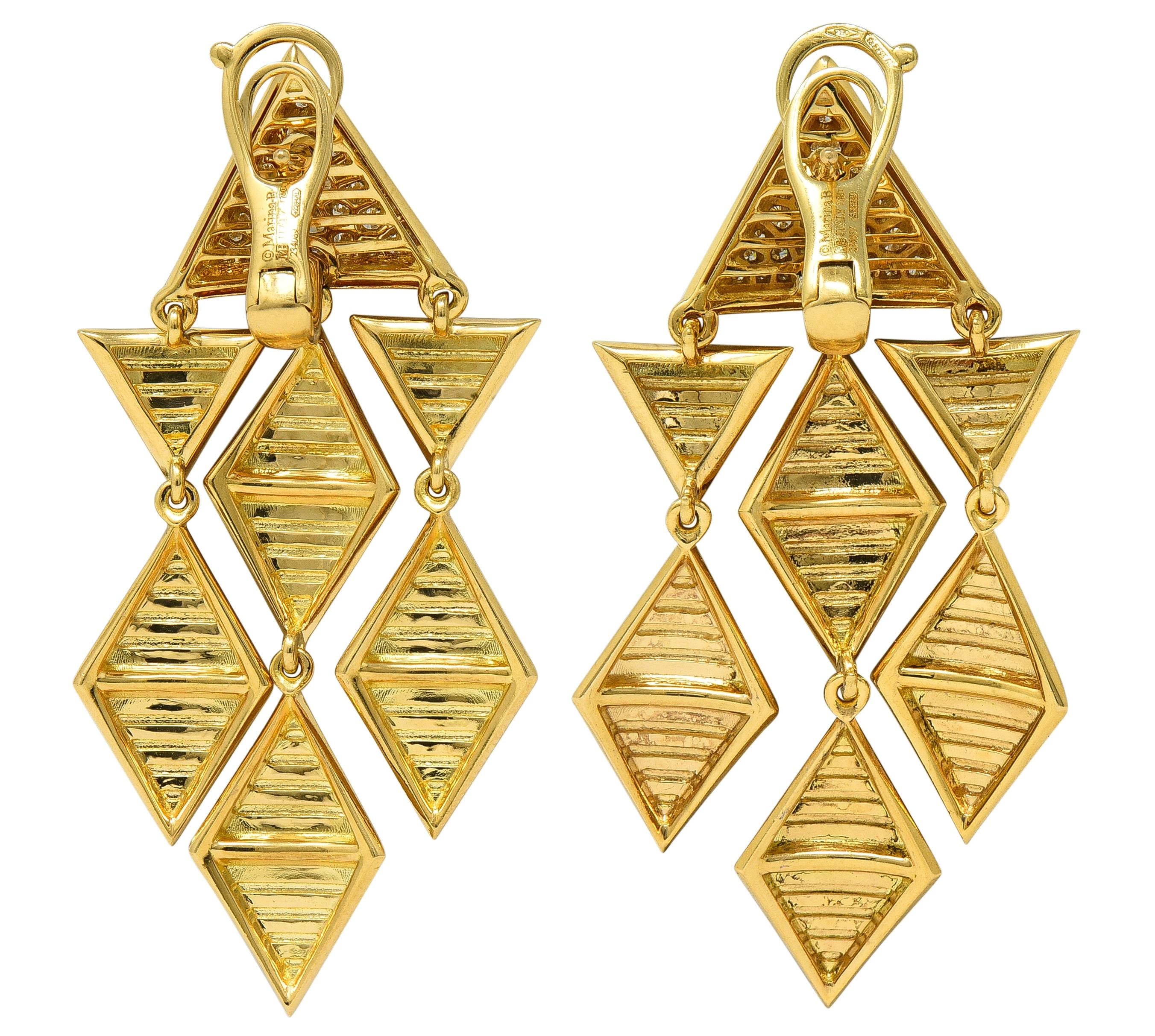 Marina B. 1980's Diamond 18 Karat Yellow Gold Vintage Triangoli Drop Earrings