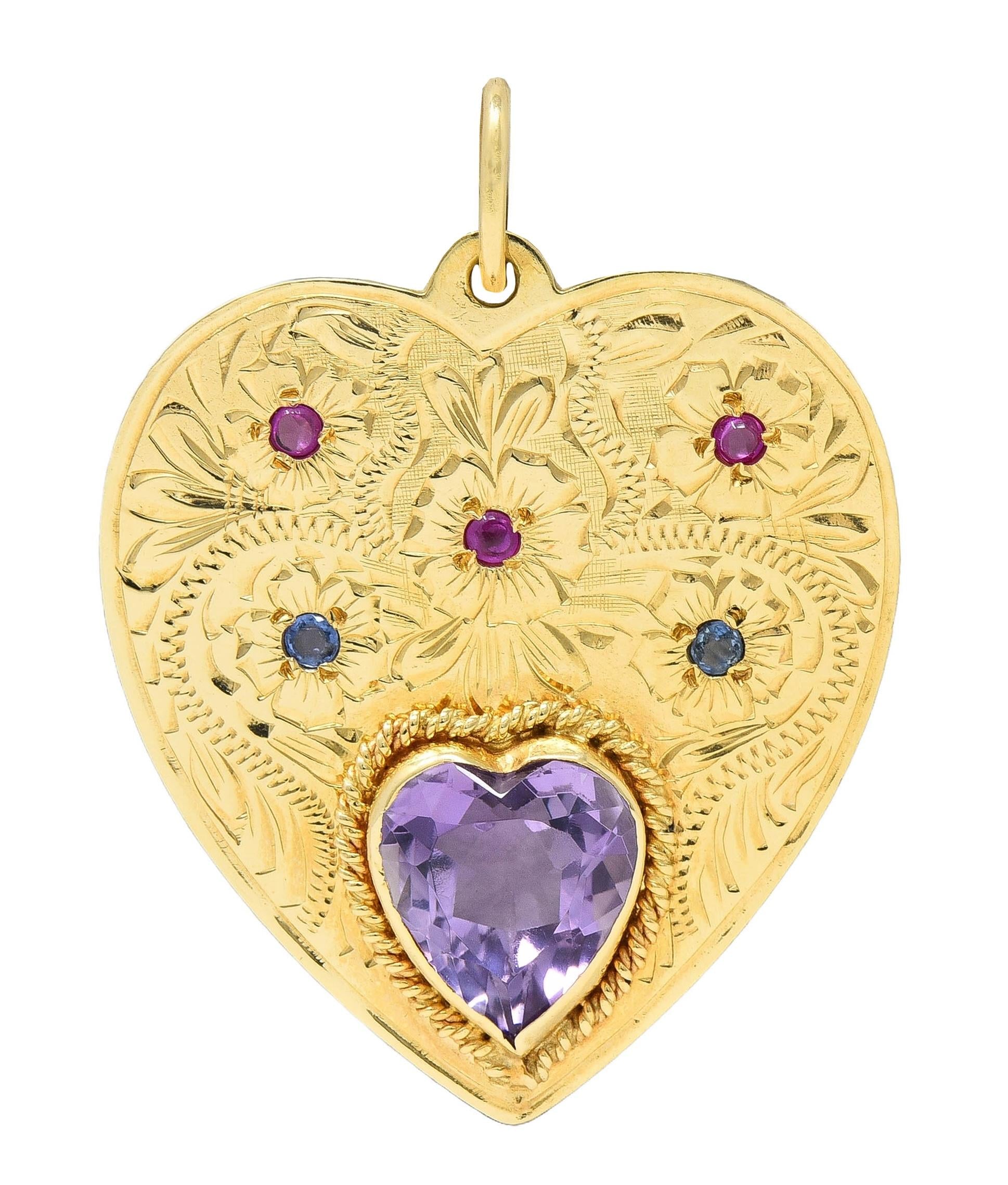 Retro Amethyst Ruby Sapphire 14 Karat Yellow Gold Vintage Heart Pendant