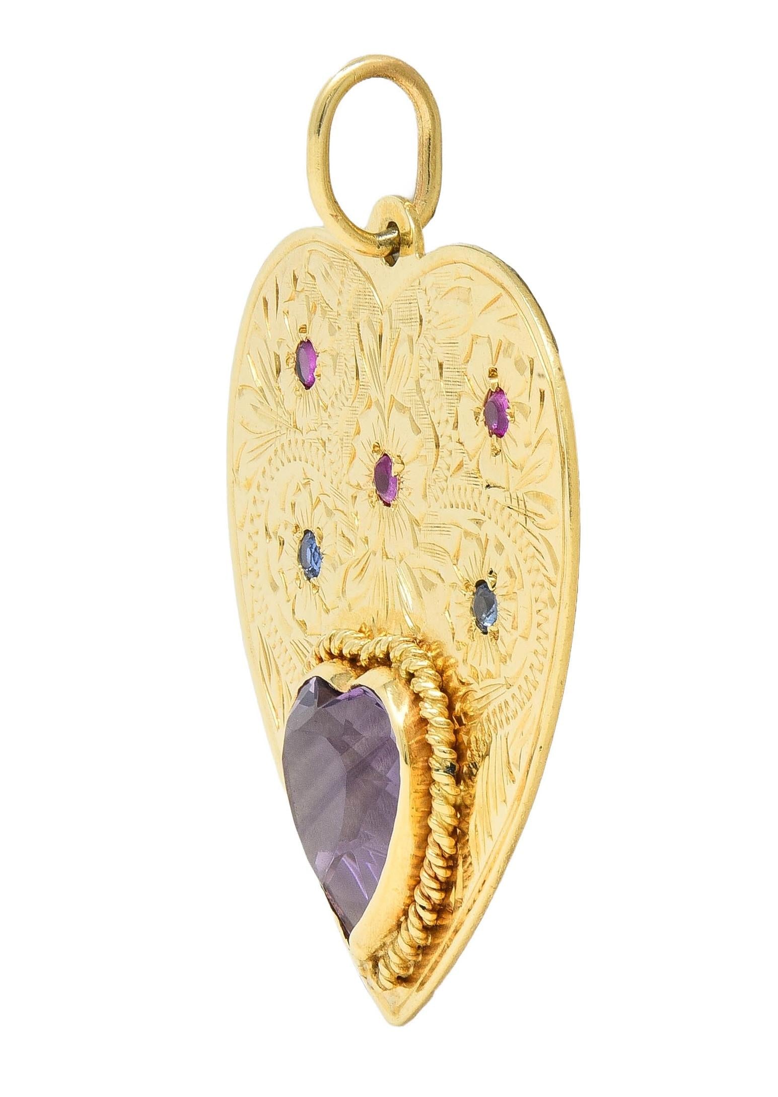 Retro Amethyst Ruby Sapphire 14 Karat Yellow Gold Vintage Heart Pendant