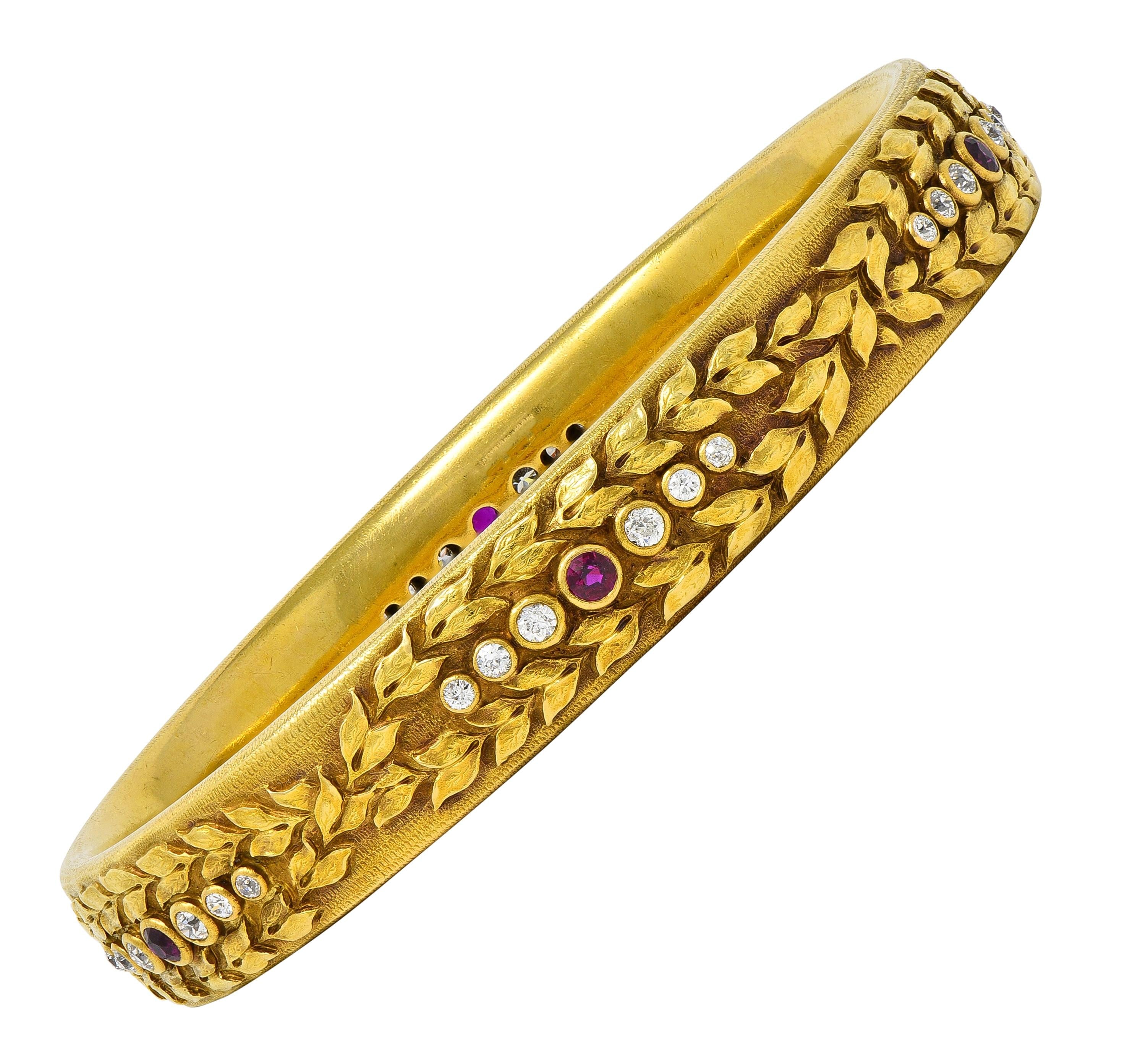 Victorian 3.00 CTW Ruby Diamond 18K Yellow Gold Antique Laurel Bangle Bracelet