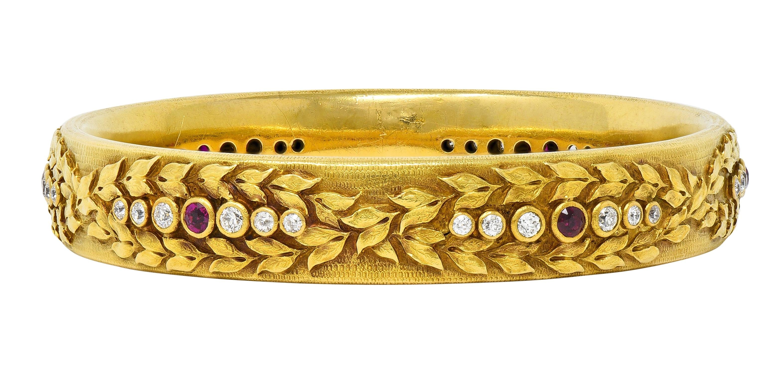 Victorian 3.00 CTW Ruby Diamond 18K Yellow Gold Antique Laurel Bangle Bracelet