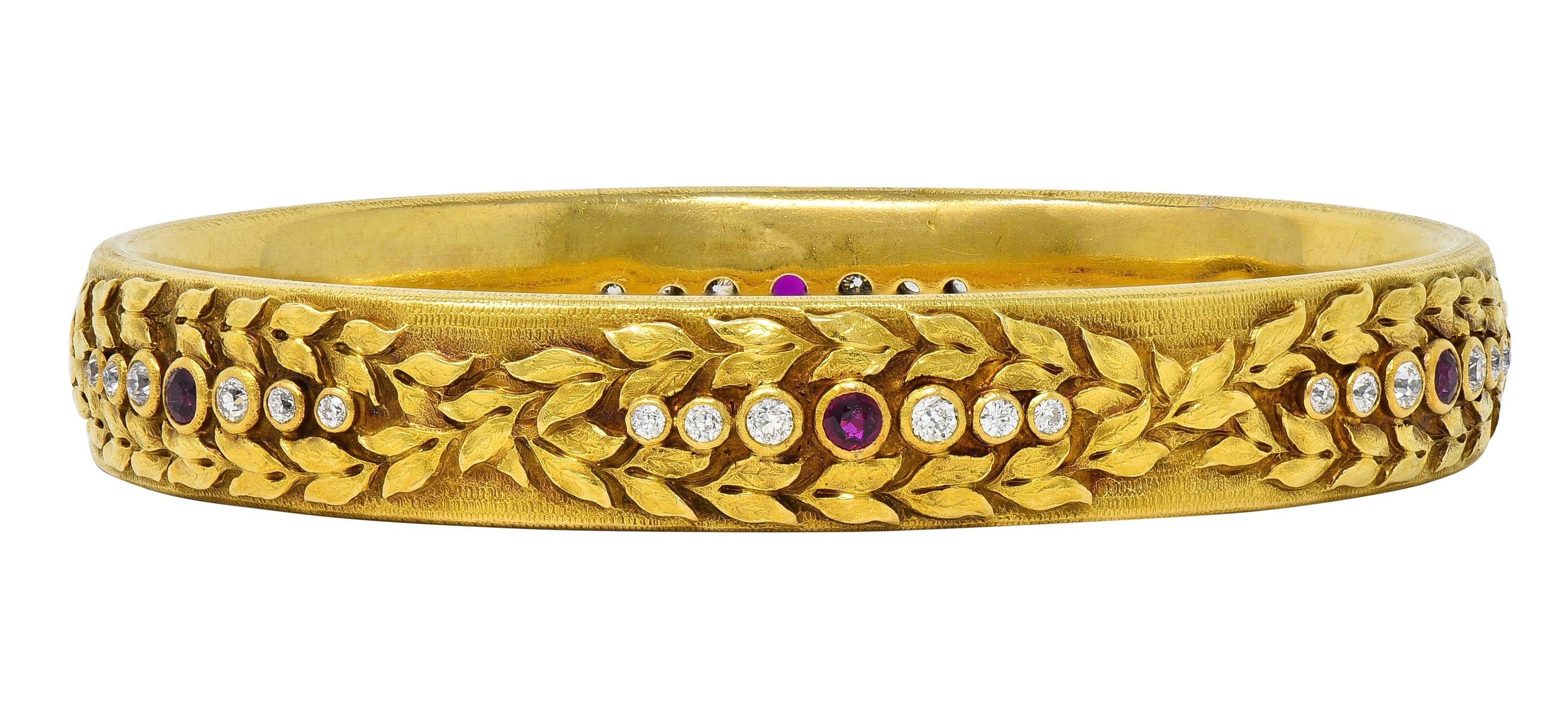 Victorian 3.00 CTW Ruby Diamond 18K Yellow Gold Antique Laurel Bangle Bracelet