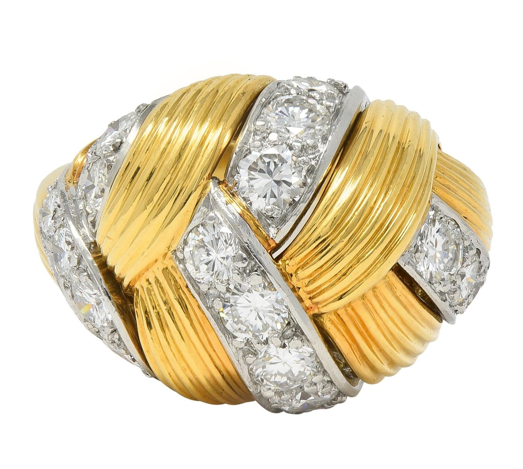Cartier French 1950's 2.55 CTW Diamond Platinum 18K Gold Vintage Woven Dome Ring