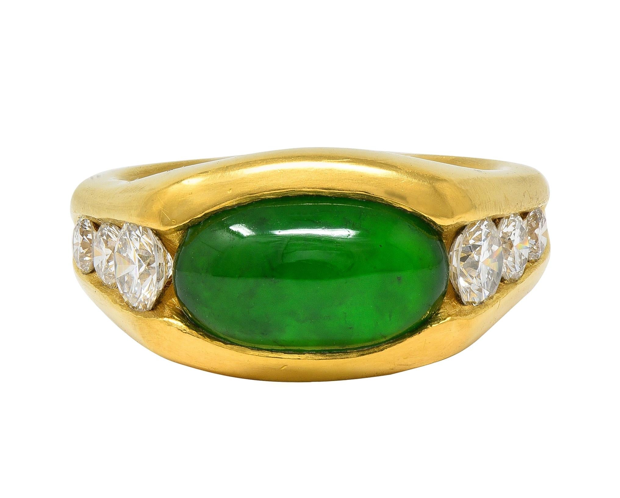 Modernist Fei Cui Jadeite Jade Diamond 18 Karat Yellow Gold Vintage Channel Ring
