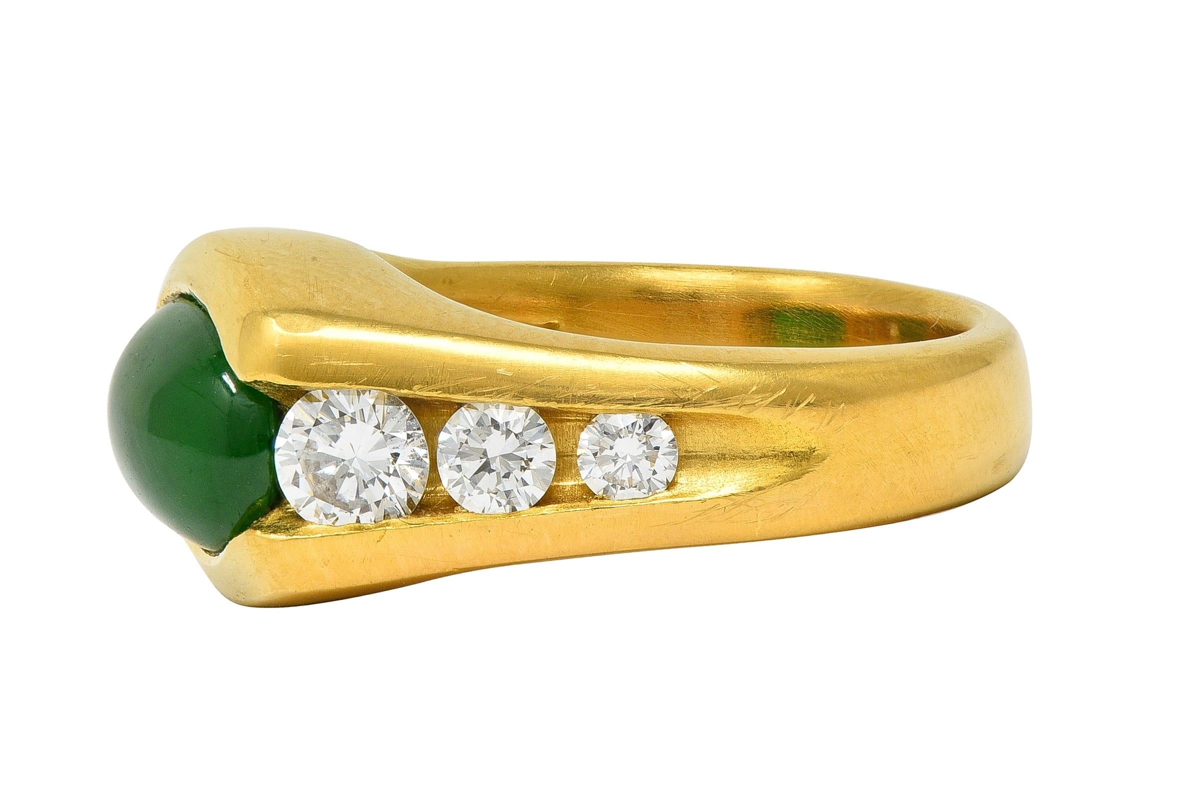 Modernist Fei Cui Jadeite Jade Diamond 18 Karat Yellow Gold Vintage Channel Ring