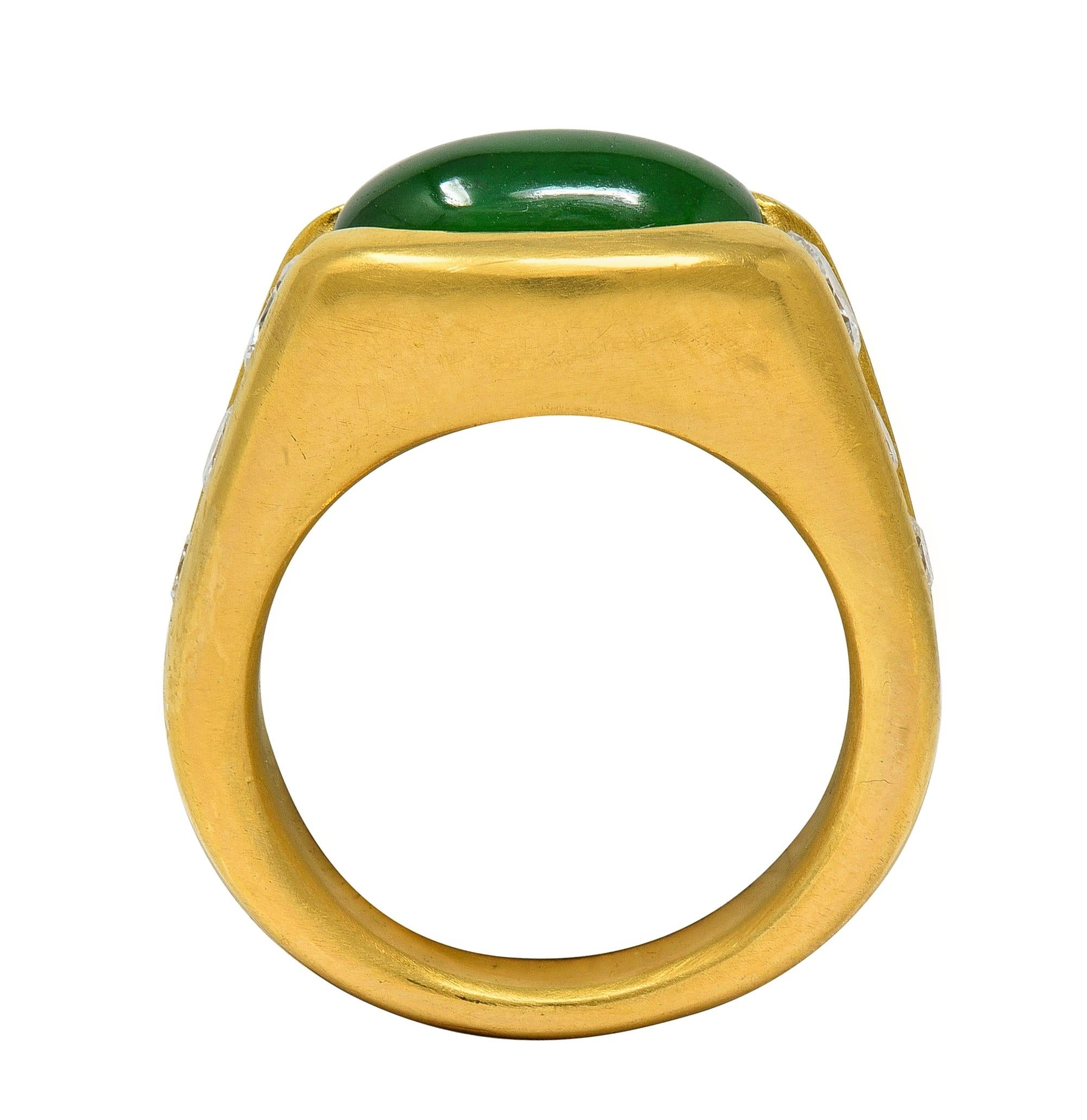 Modernist Fei Cui Jadeite Jade Diamond 18 Karat Yellow Gold Vintage Channel Ring