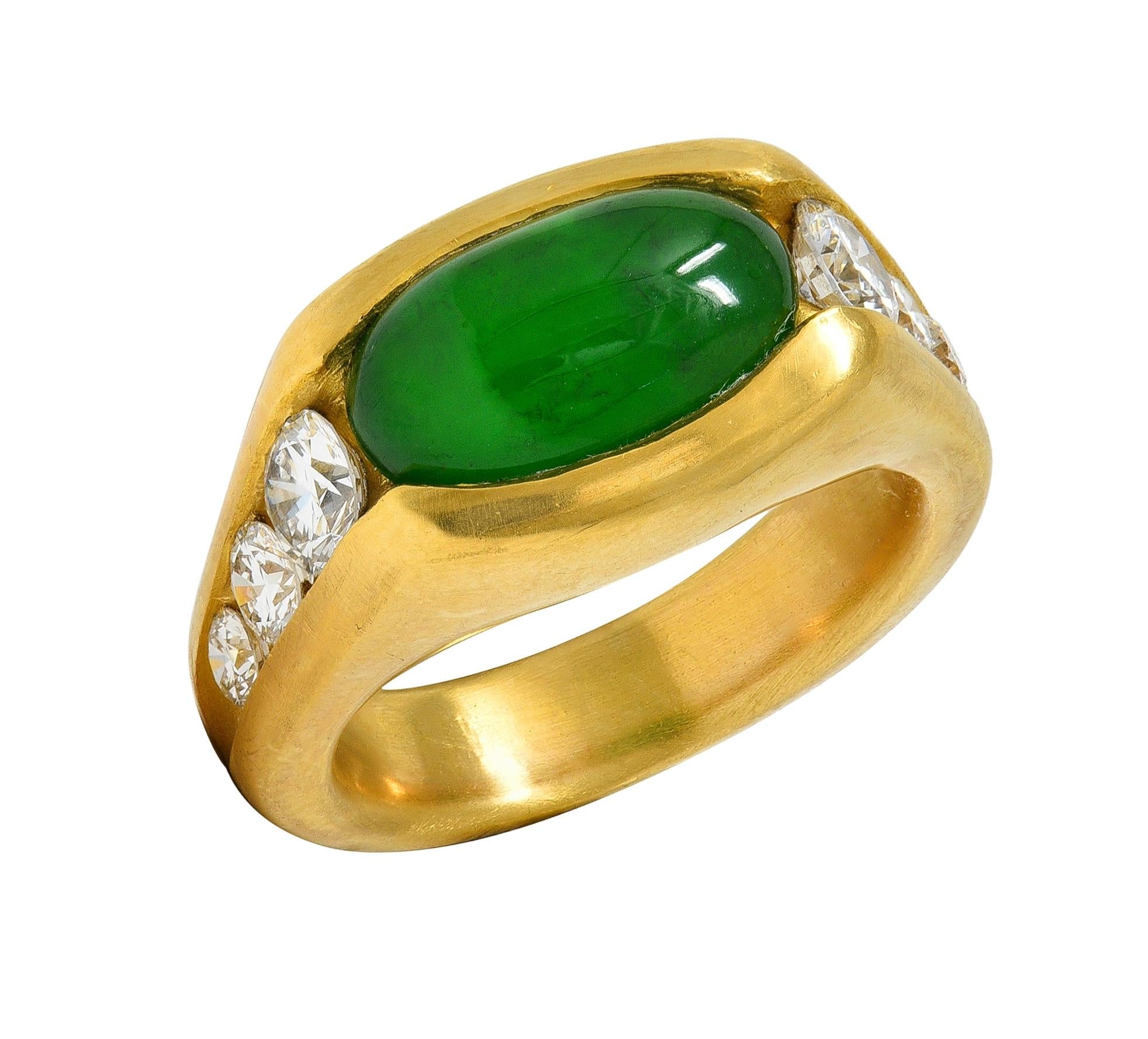 Modernist Fei Cui Jadeite Jade Diamond 18 Karat Yellow Gold Vintage Channel Ring