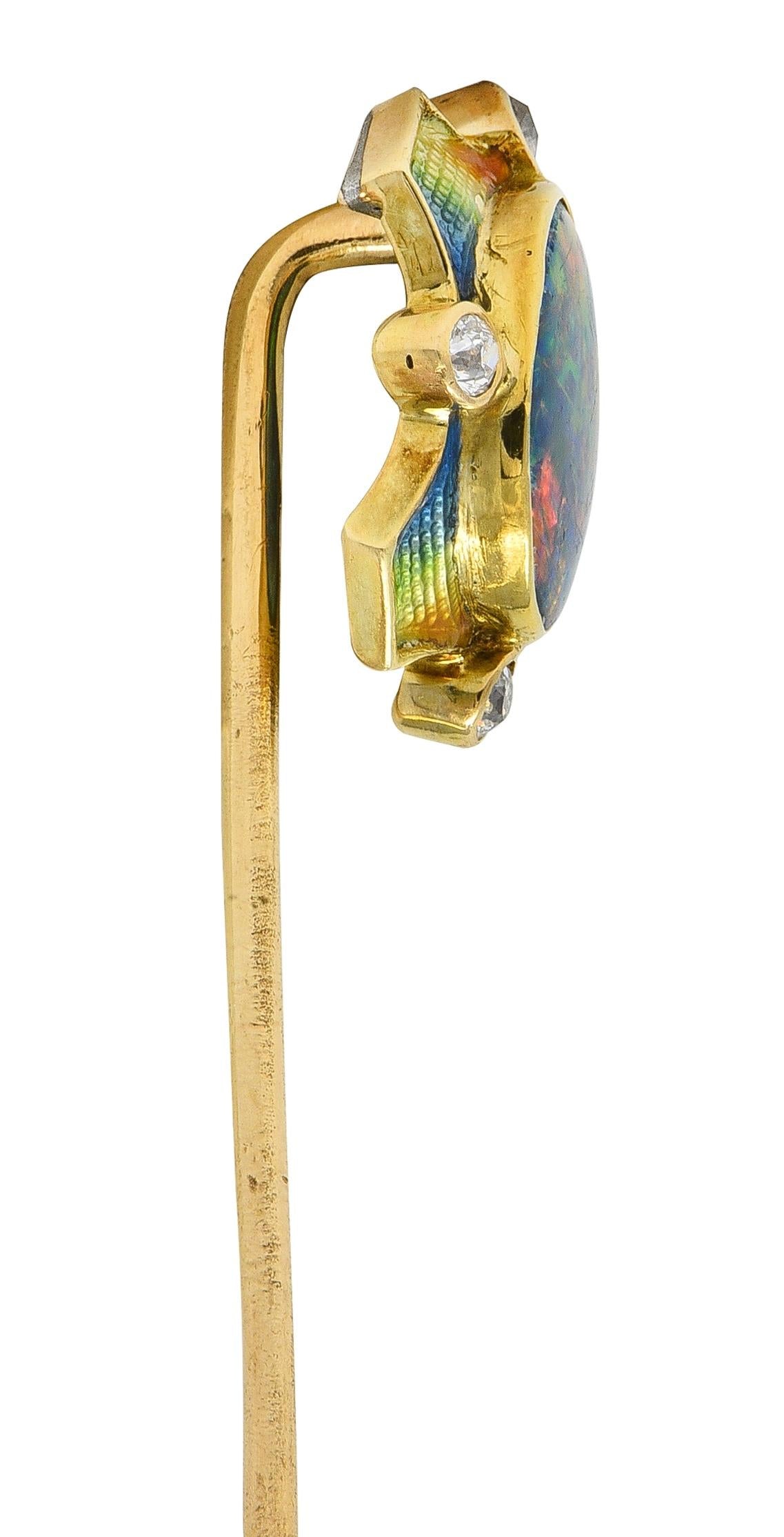 Art Nouveau Opal Diamond Enamel 14 Karat Yellow Gold Antique Stickpin