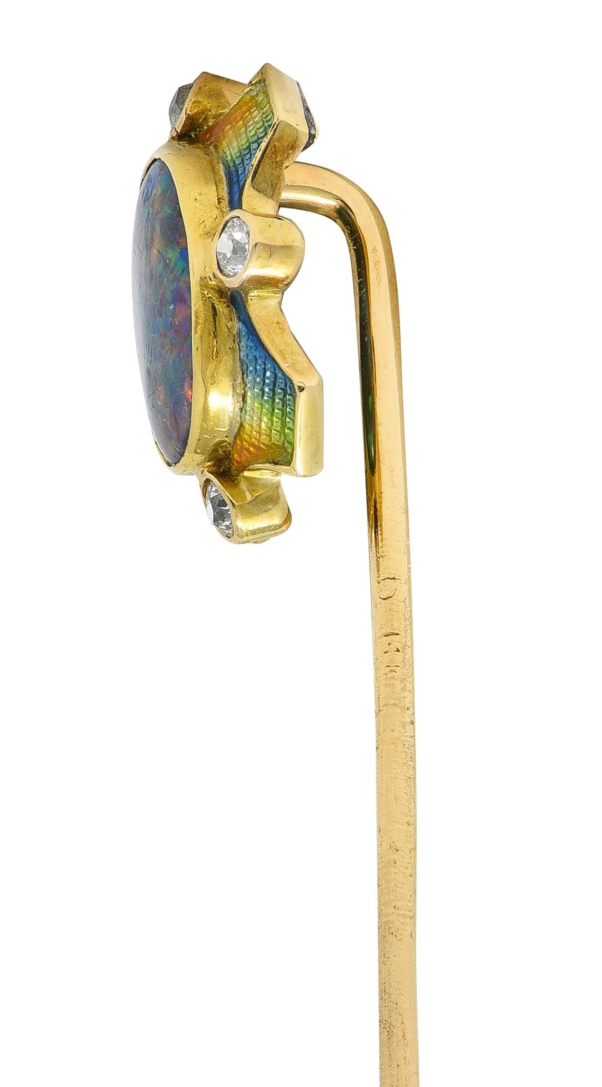 Art Nouveau Opal Diamond Enamel 14 Karat Yellow Gold Antique Stickpin