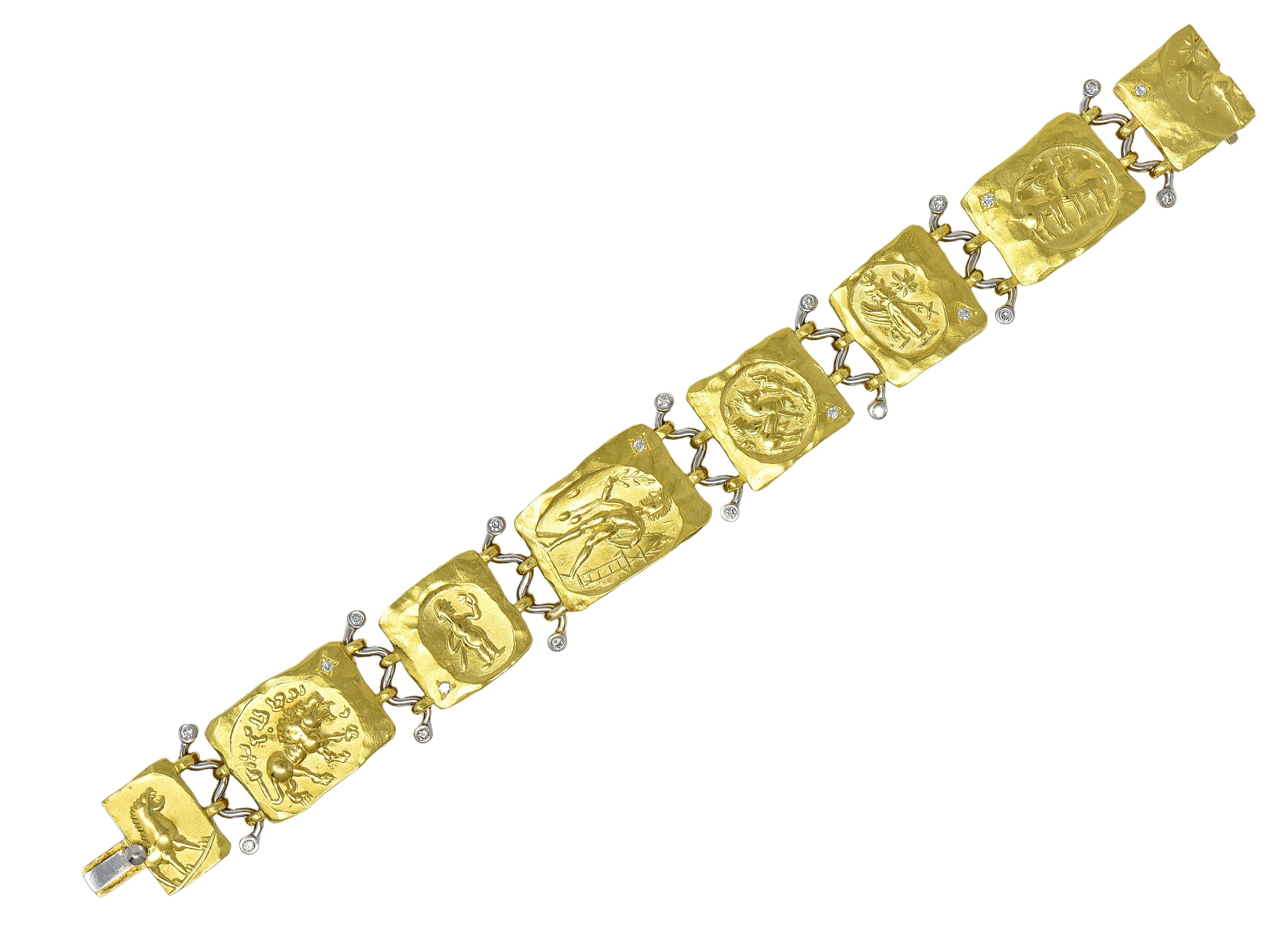 SeidenGang 1990's Diamond 18 Karat Gold Vintage Ancient Panel Link Bracelet