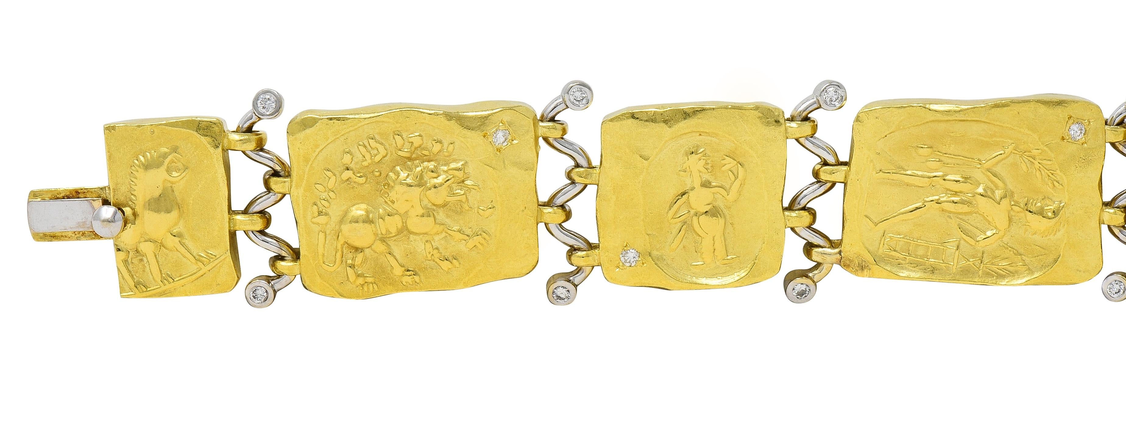 SeidenGang 1990's Diamond 18 Karat Gold Vintage Ancient Panel Link Bracelet