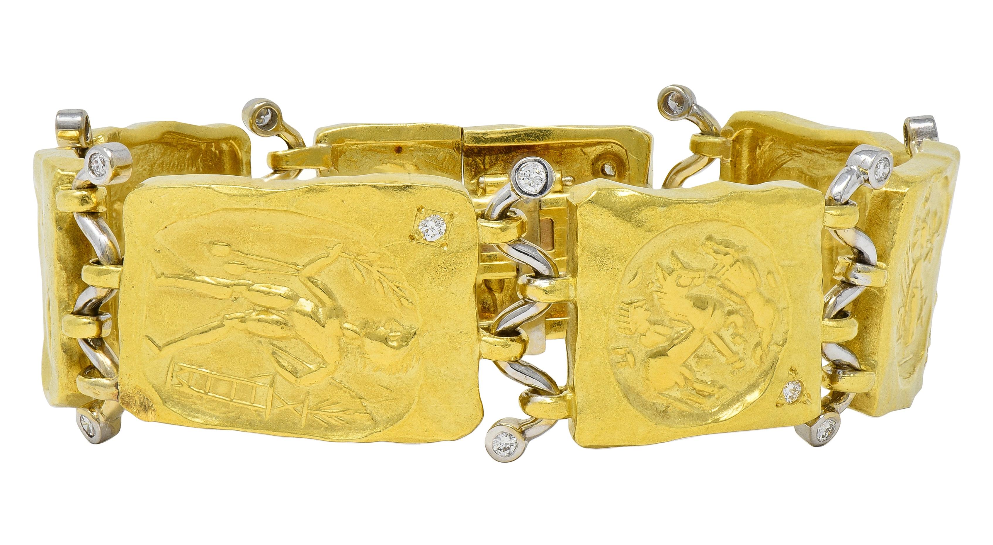SeidenGang 1990's Diamond 18 Karat Gold Vintage Ancient Panel Link Bracelet