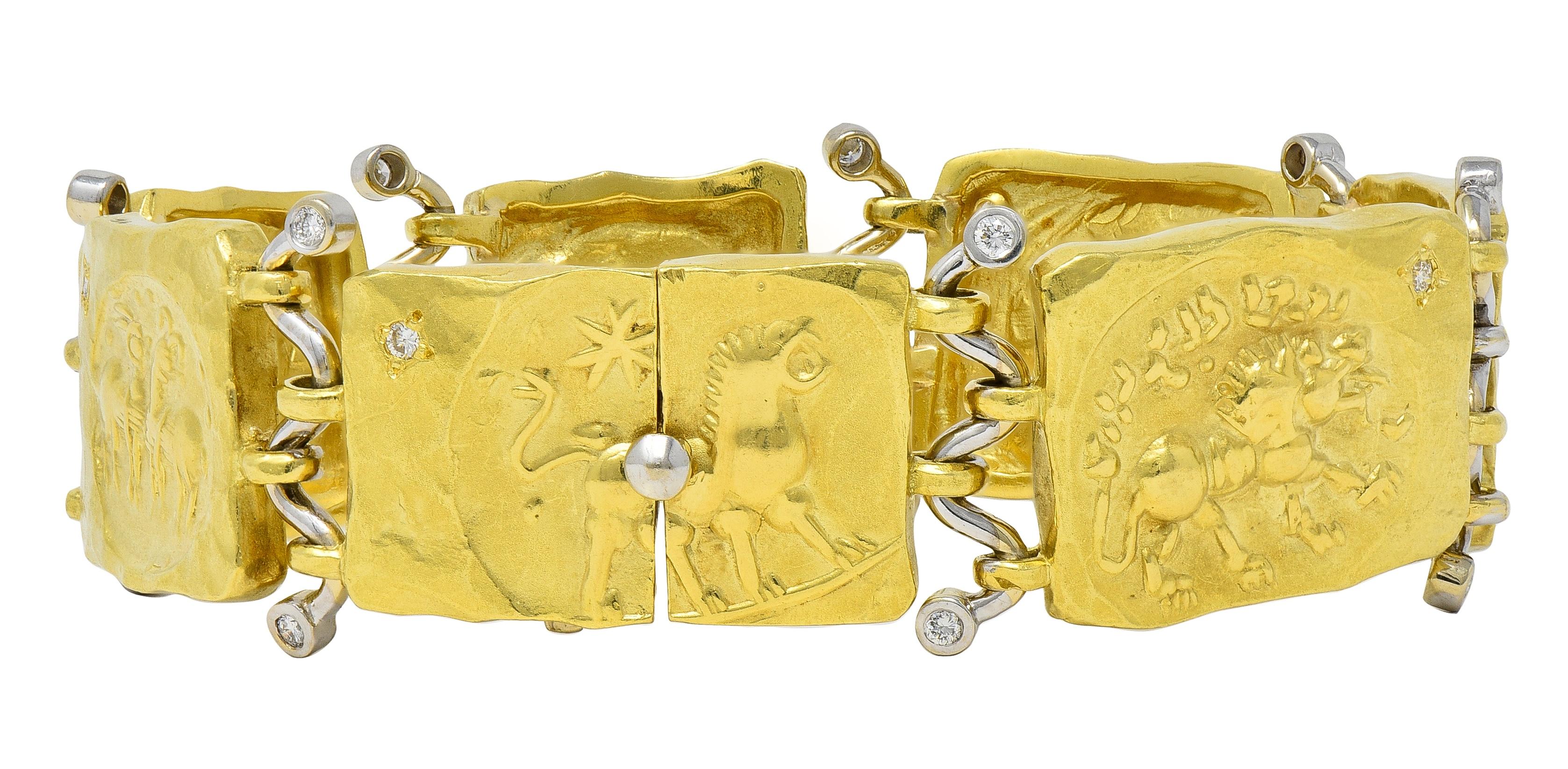 SeidenGang 1990's Diamond 18 Karat Gold Vintage Ancient Panel Link Bracelet