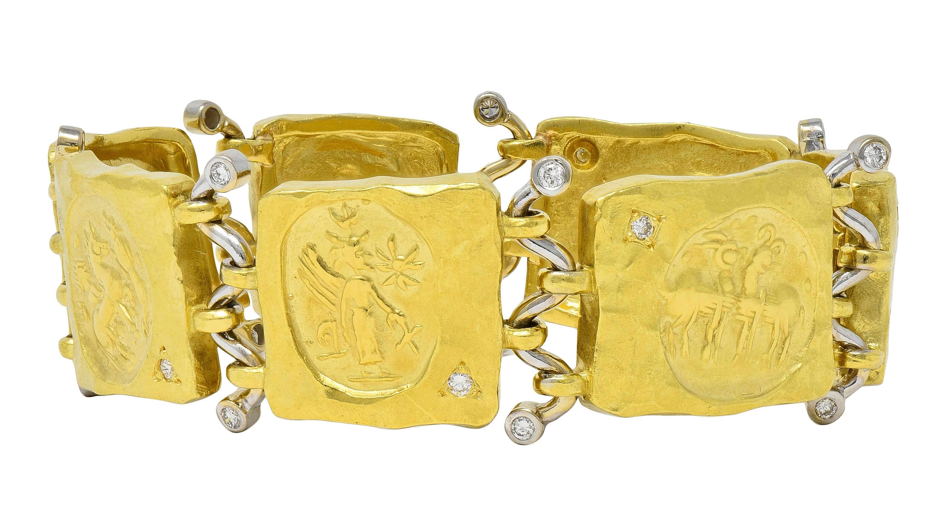 SeidenGang 1990's Diamond 18 Karat Gold Vintage Ancient Panel Link Bracelet