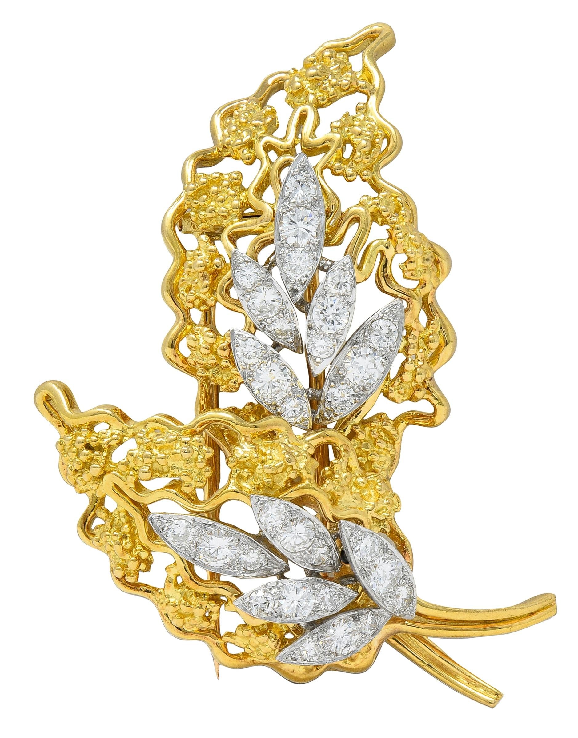 French 1970's Diamond Platinum 18 Karat Yellow Gold Vintage Leaf Floral Brooch
