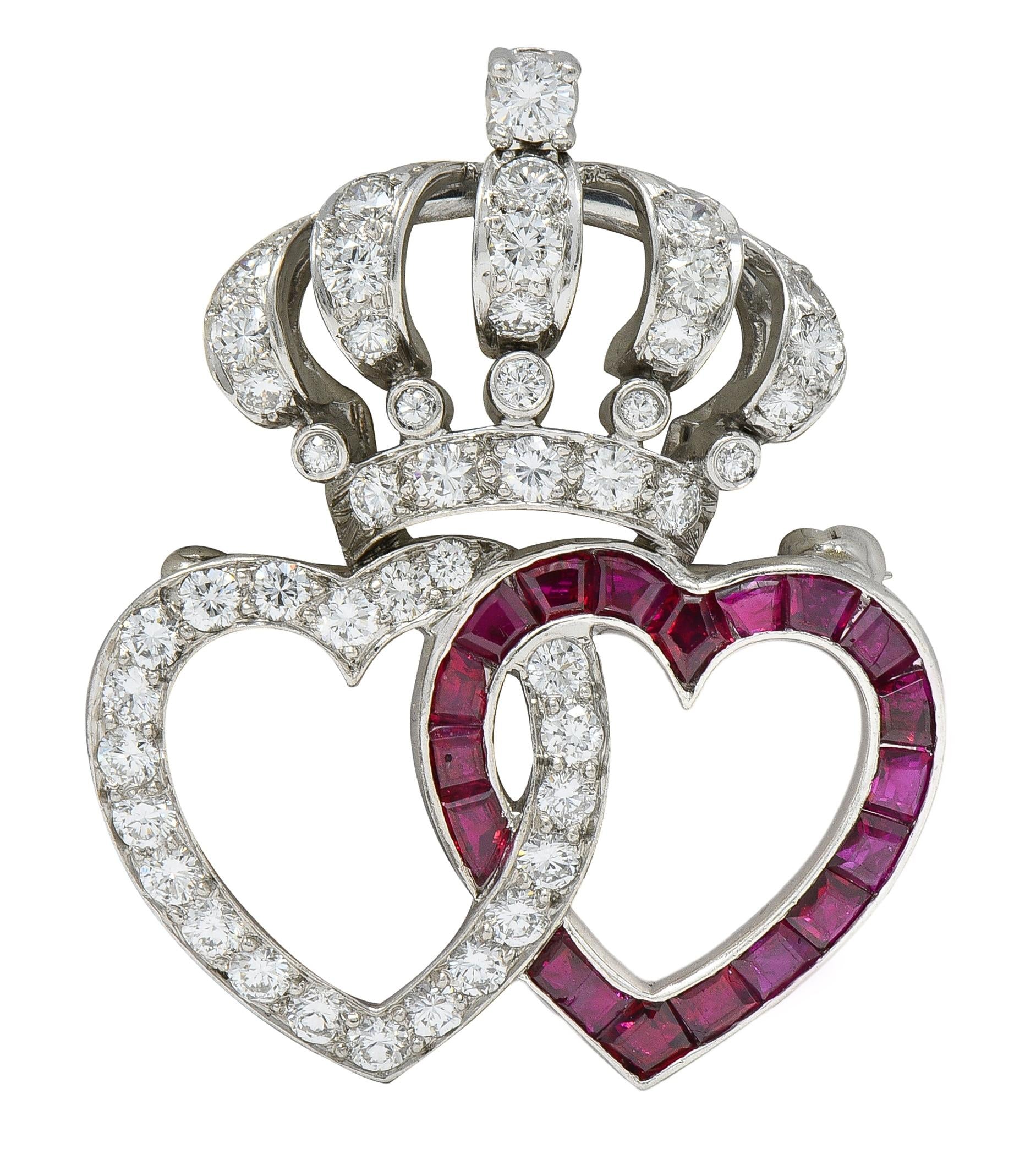Mid-Century 3.16 CTW Diamond Ruby Platinum Vintage Heart Crown Brooch