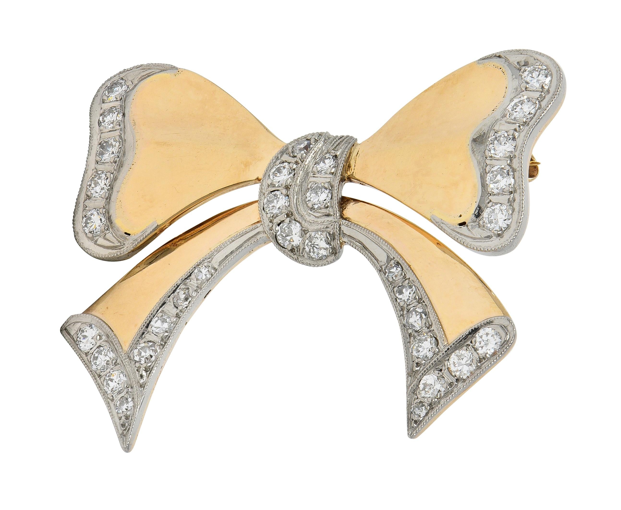 1940's Retro Diamond 14 Karat Two-Tone Yellow White Gold Vintage Bow Brooch