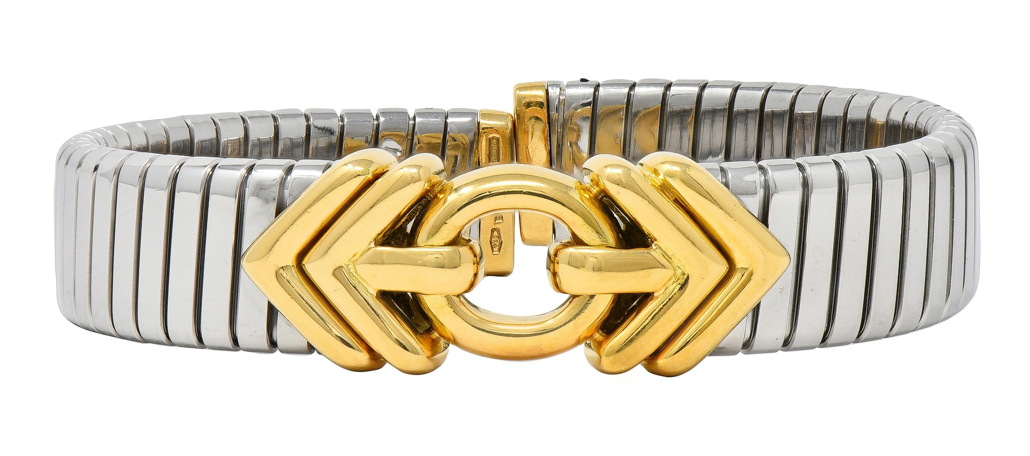 Bulgari 1990's 18K Gold Stainless Steel Tubogas Vintage Alveare Cuff Bracelet