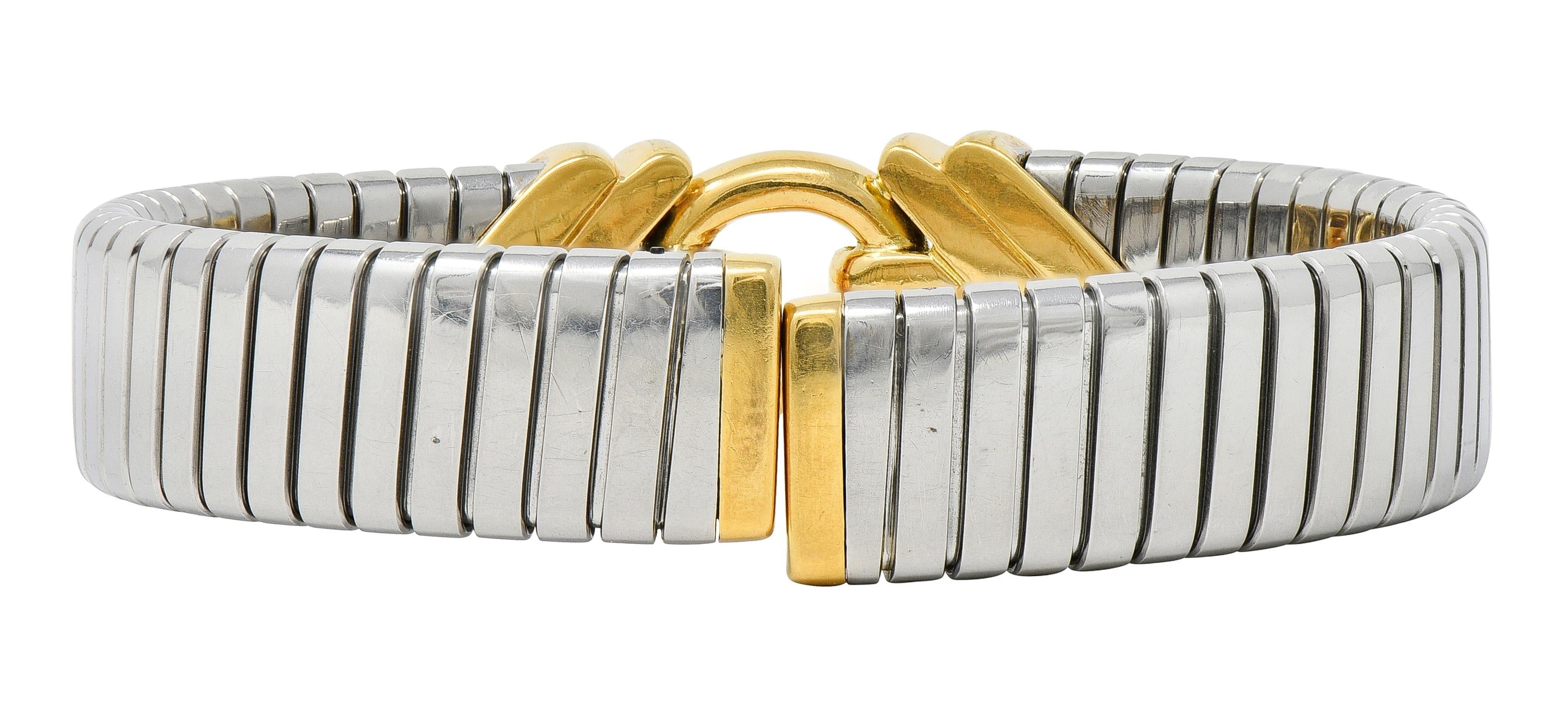 Bulgari 1990's 18K Gold Stainless Steel Tubogas Vintage Alveare Cuff Bracelet