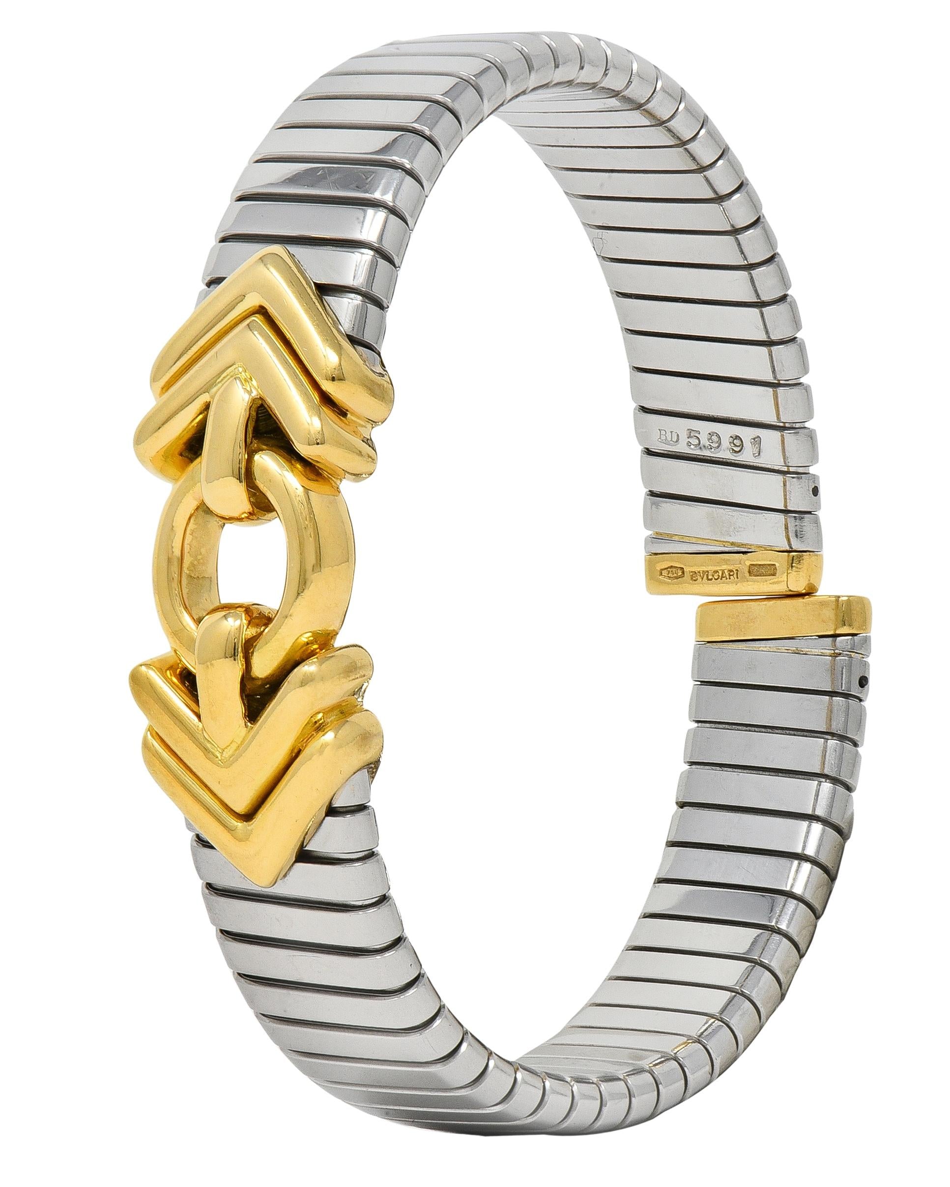 Bulgari 1990's 18K Gold Stainless Steel Tubogas Vintage Alveare Cuff Bracelet