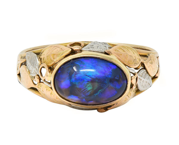 Arts & Crafts Black Opal Platinum 14 Karat Gold Antique Unisex Foliate Ring