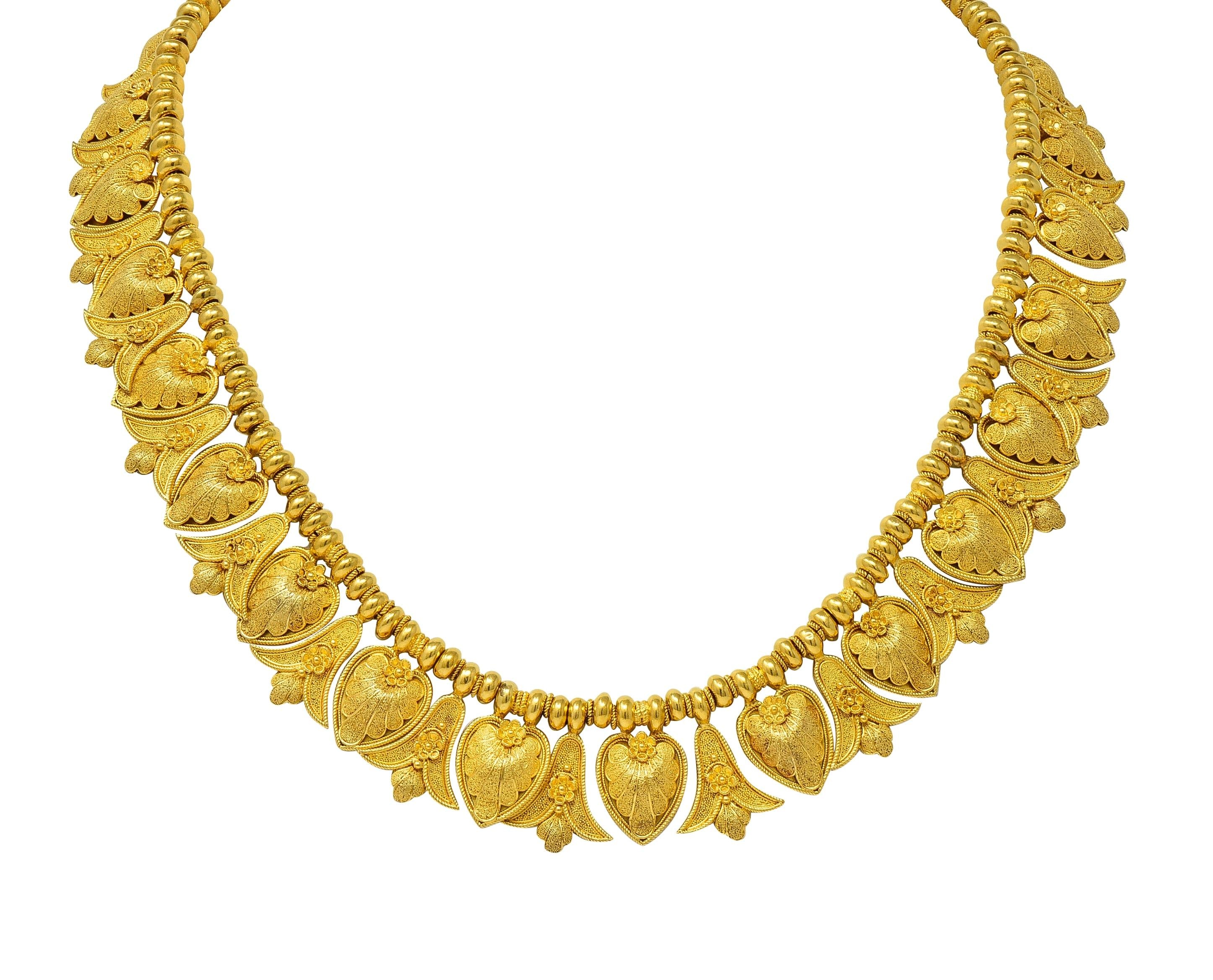Victorian Etruscan Revival 18K Gold Antique Palm & Lotus Fringe Necklace