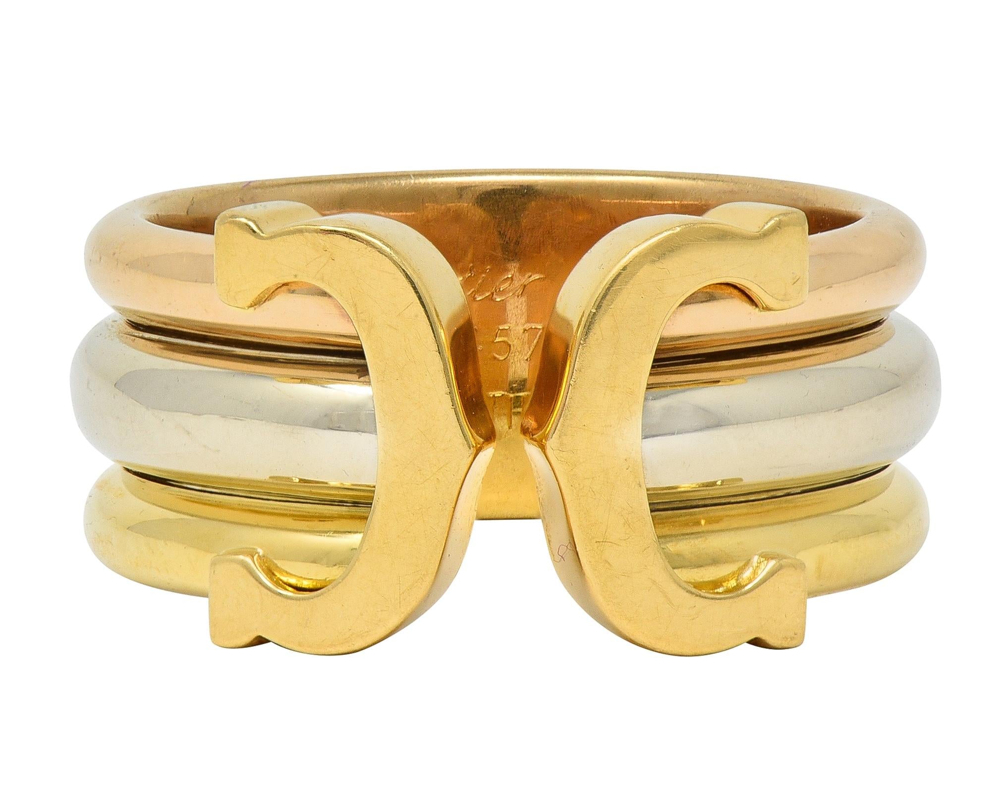 Cartier French 1997 18K Tri-Colored Gold Vintage C de Cartier Cuff Band Ring