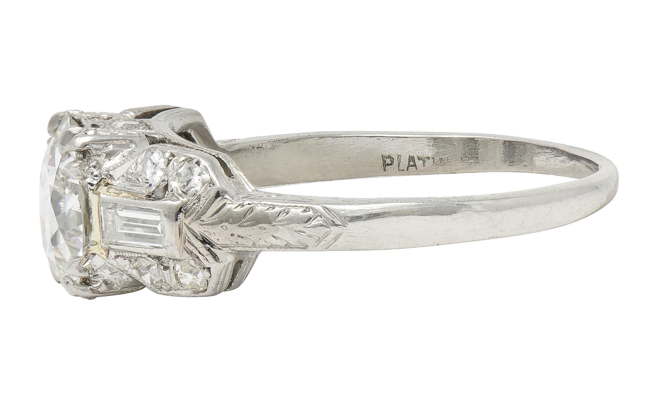 Art Deco 1.88 CTW Old European Cut Diamond Platinum Wheat Square Engagement Ring