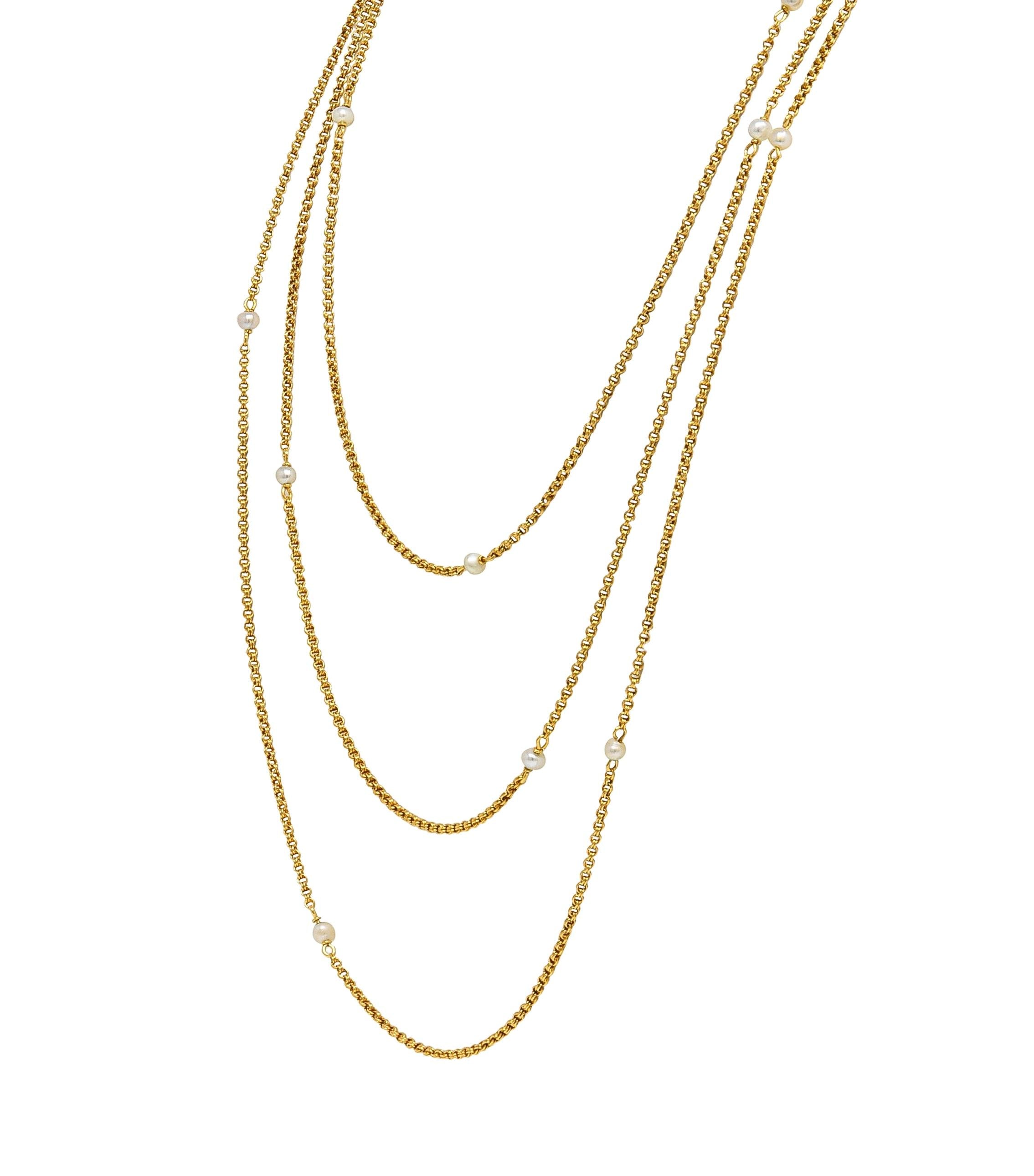 Victorian French Pearl 18 Karat Yellow Gold Antique Rolo Link Chain Necklace