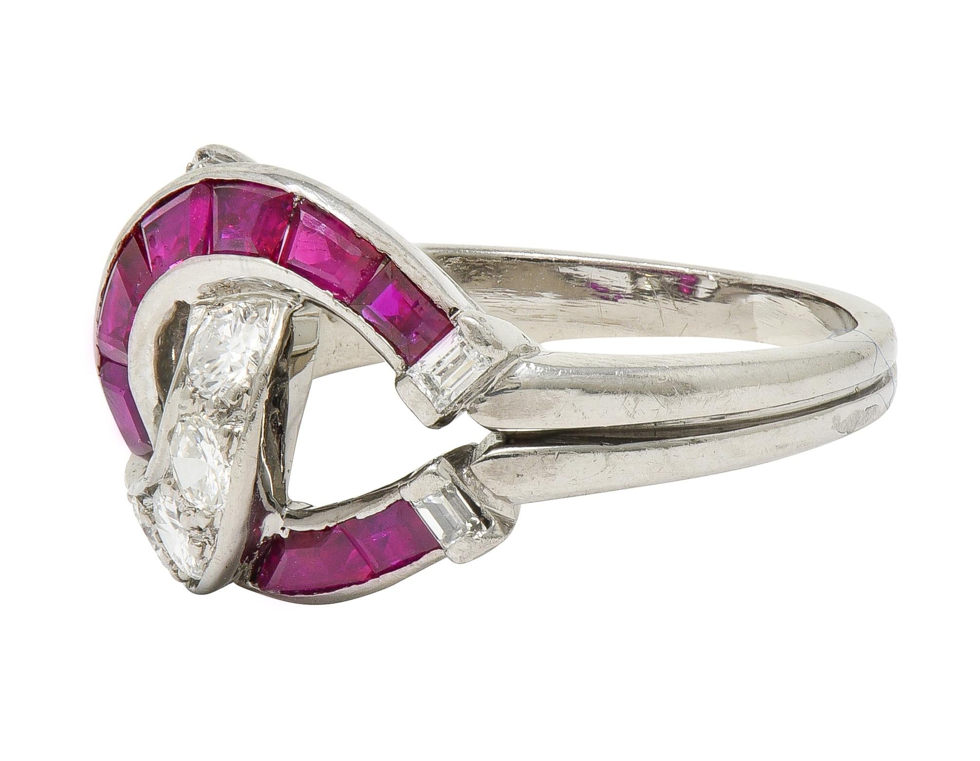 Mid-Century 1.35 CTW Ruby Diamond Platinum Vintage Double Horseshoe Ring