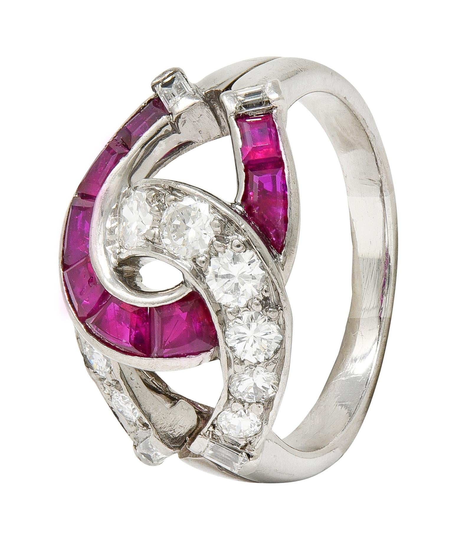 Mid-Century 1.35 CTW Ruby Diamond Platinum Vintage Double Horseshoe Ring
