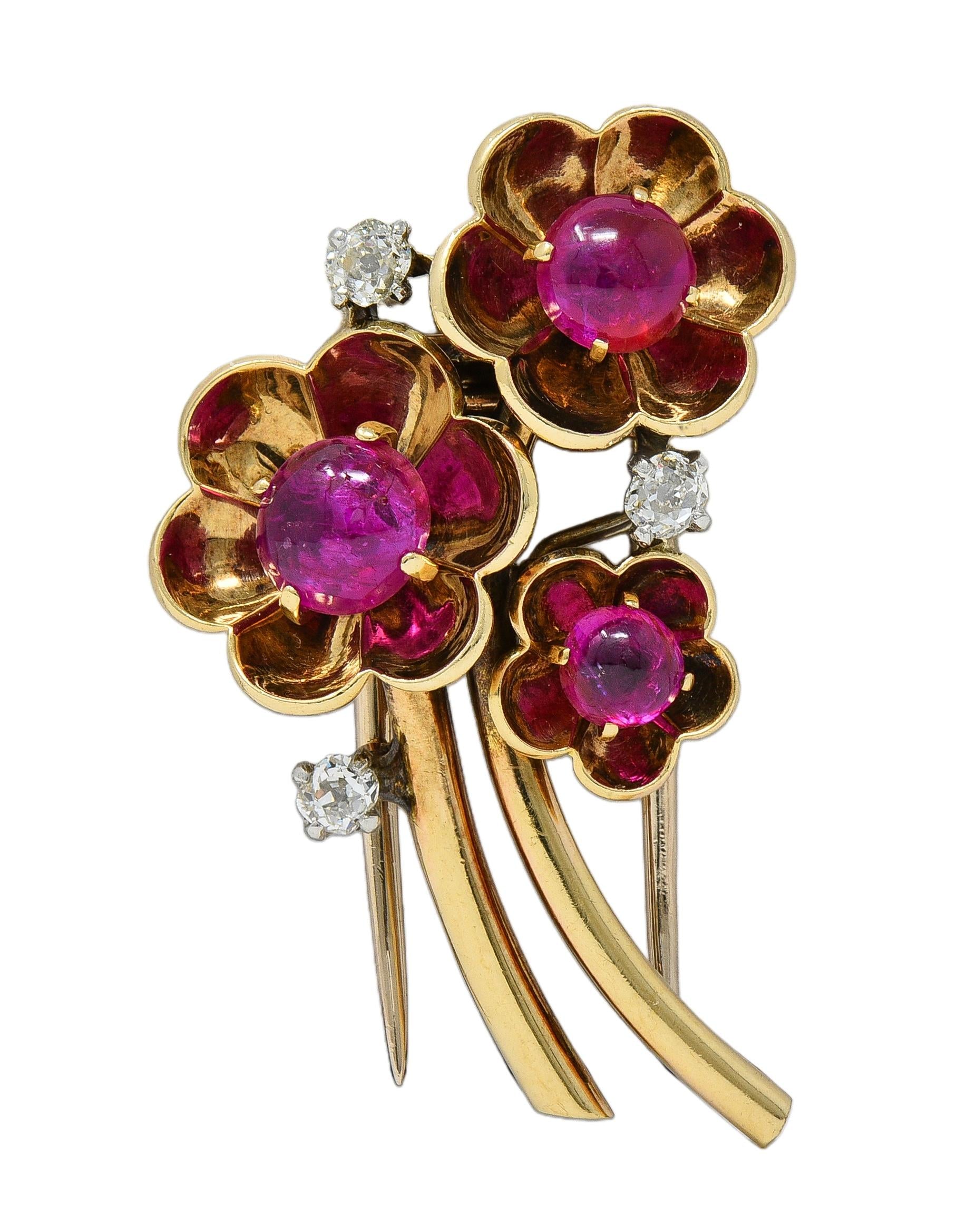 Cartier Retro Cabochon Ruby Diamond Platinum 14 Karat Gold Vintage Flower Brooch