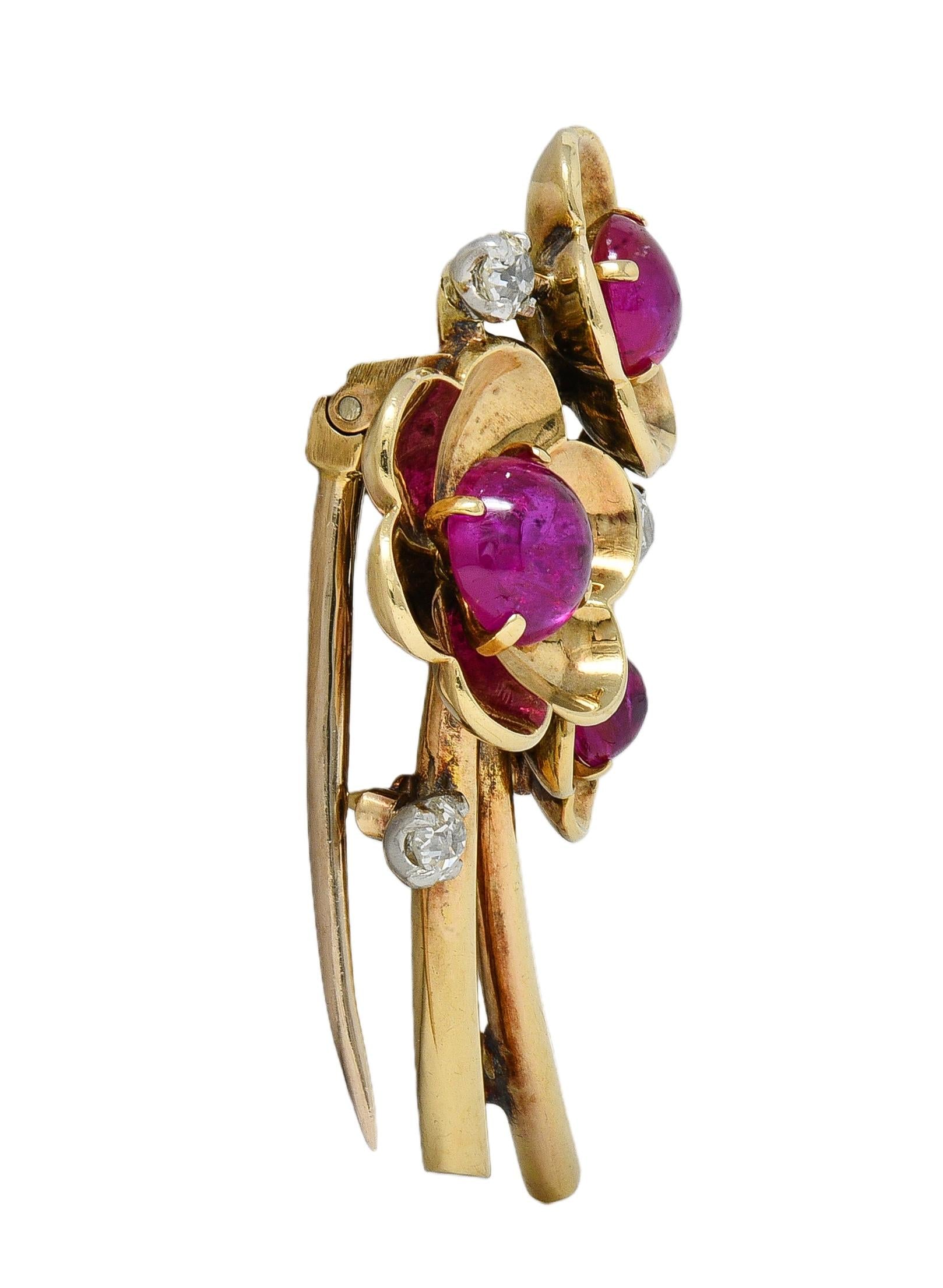Cartier Retro Cabochon Ruby Diamond Platinum 14 Karat Gold Vintage Flower Brooch