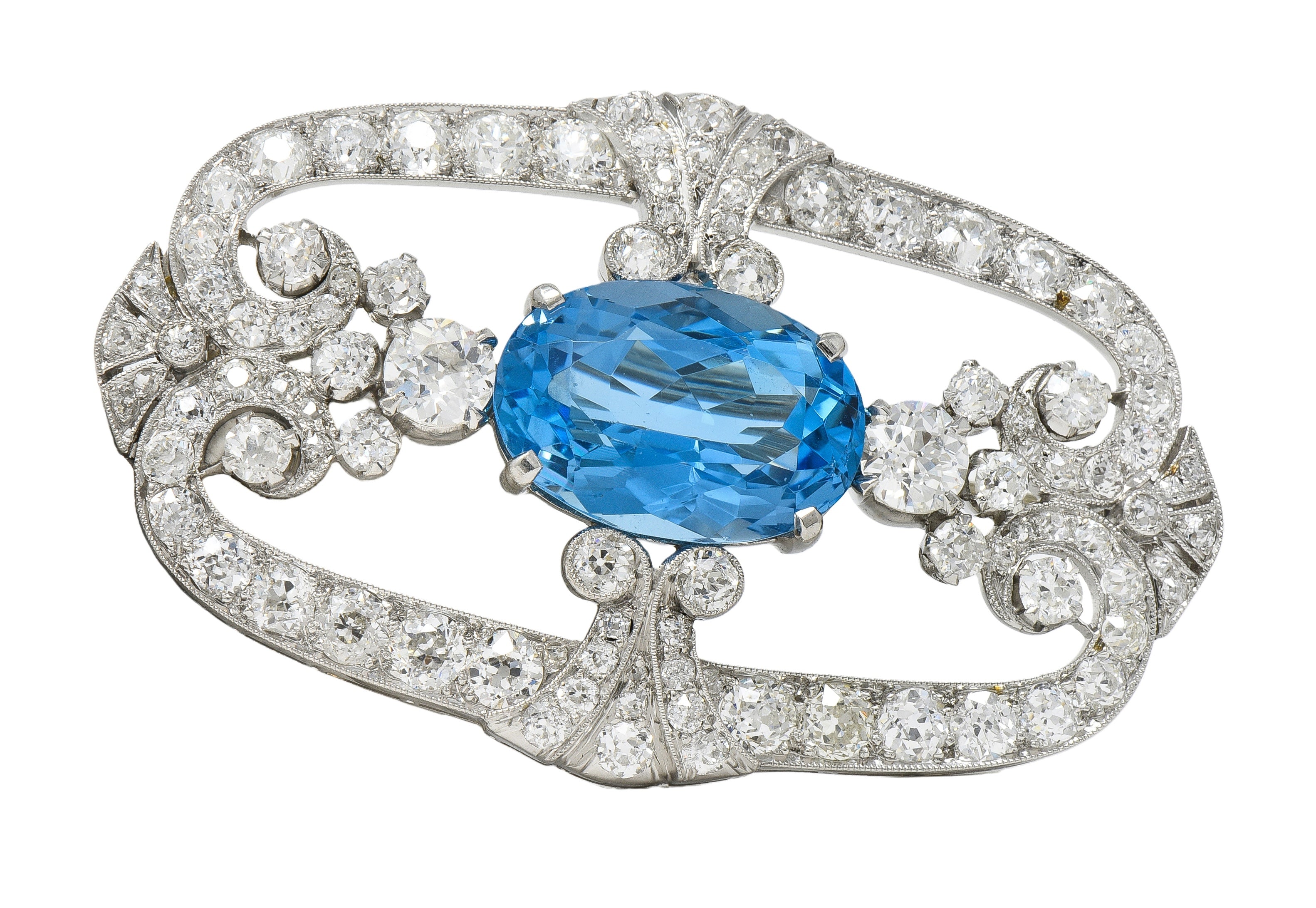 Late Art Deco 11.23 CTW Aquamarine Diamond Platinum Vintage Scrolling Brooch